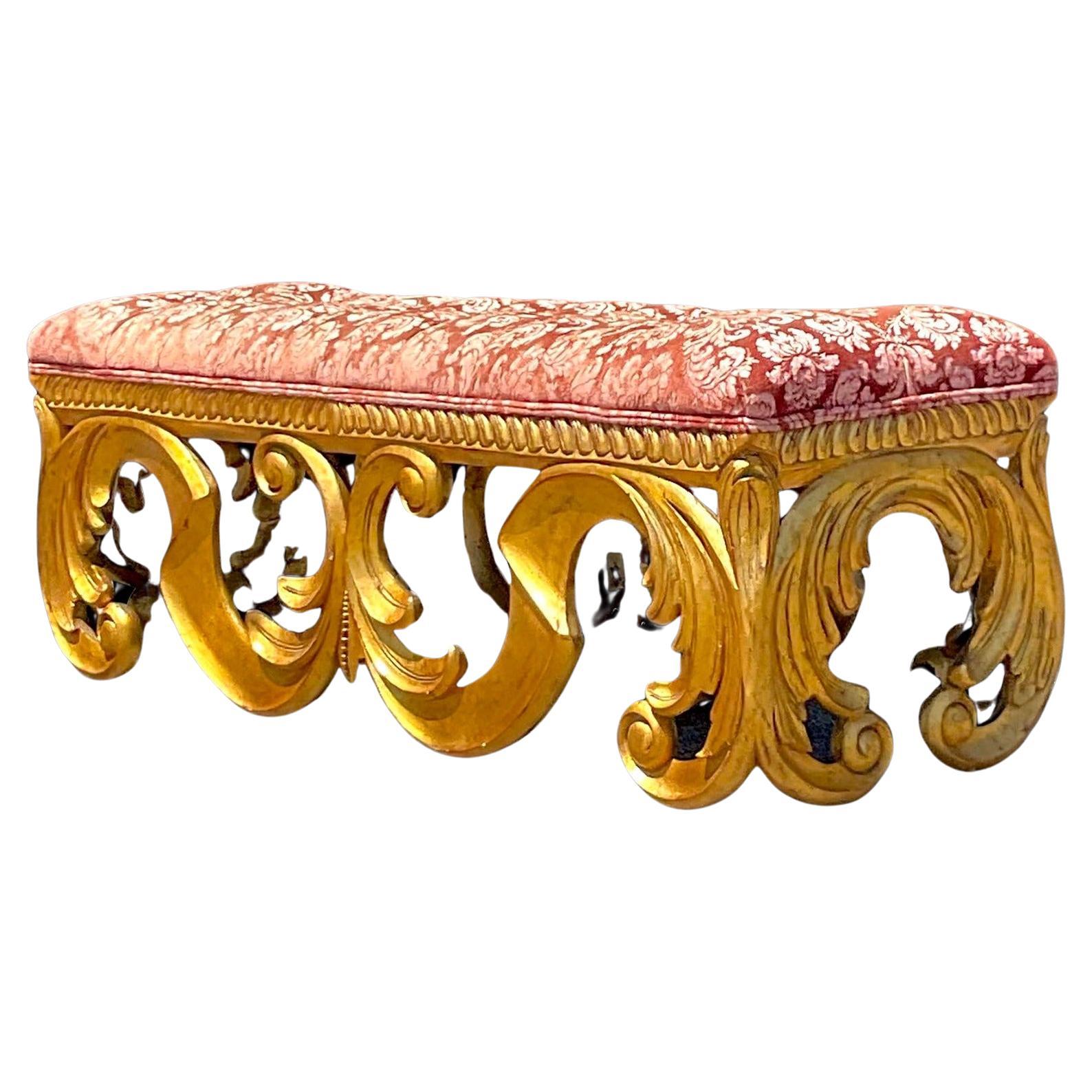 Vintage Regency Tufted Gilt Bench For Sale