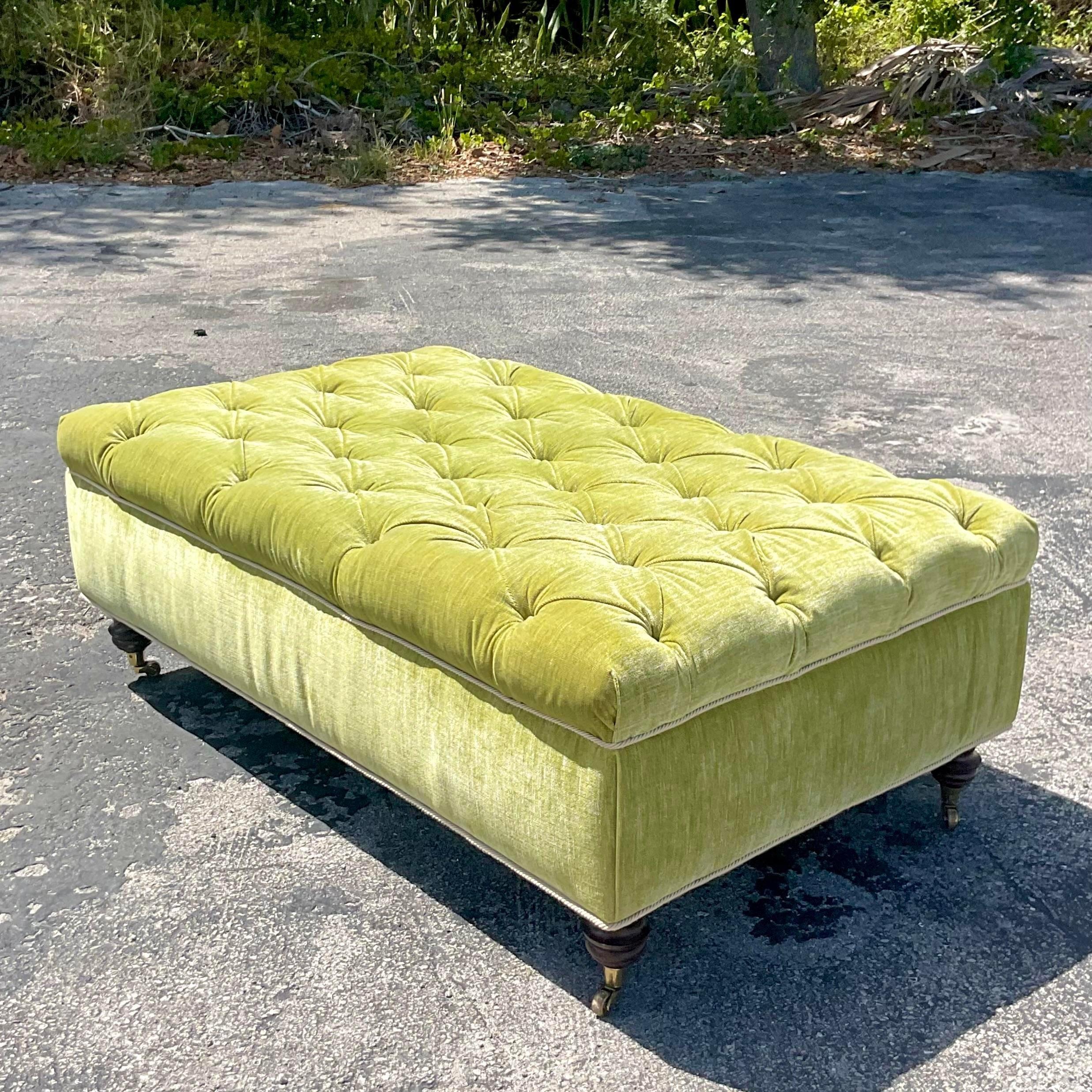 Vintage Regency Tufted Green Velvet Ottoman In Good Condition In West Palm Beach, FL