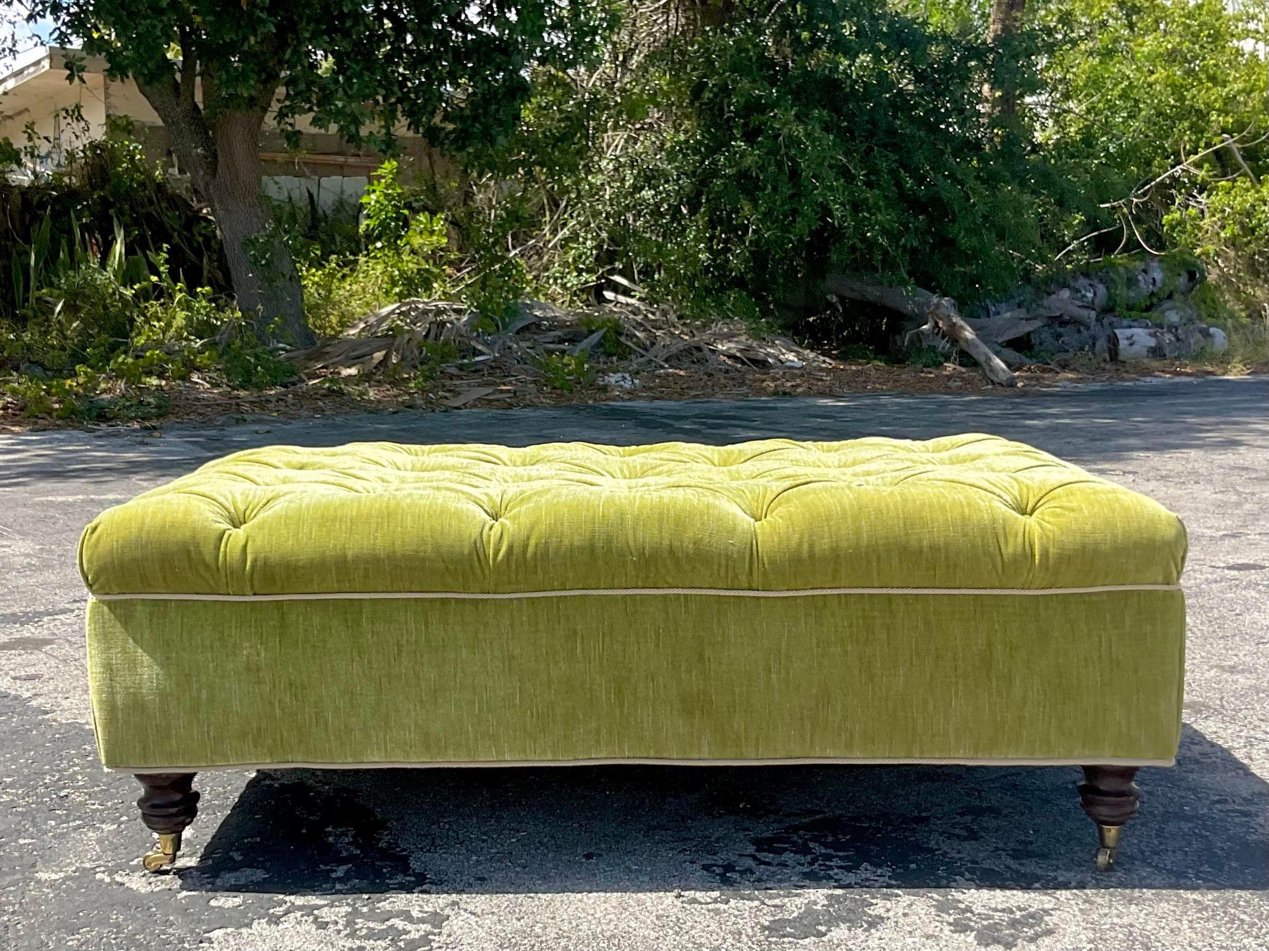 Contemporary Vintage Regency Tufted Green Velvet Ottoman