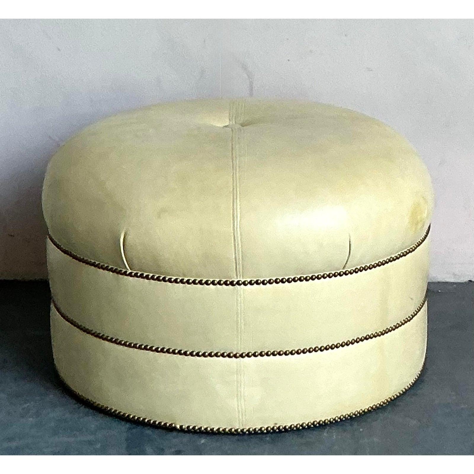 American Vintage Regency Tufted Leather Ottoman For Sale