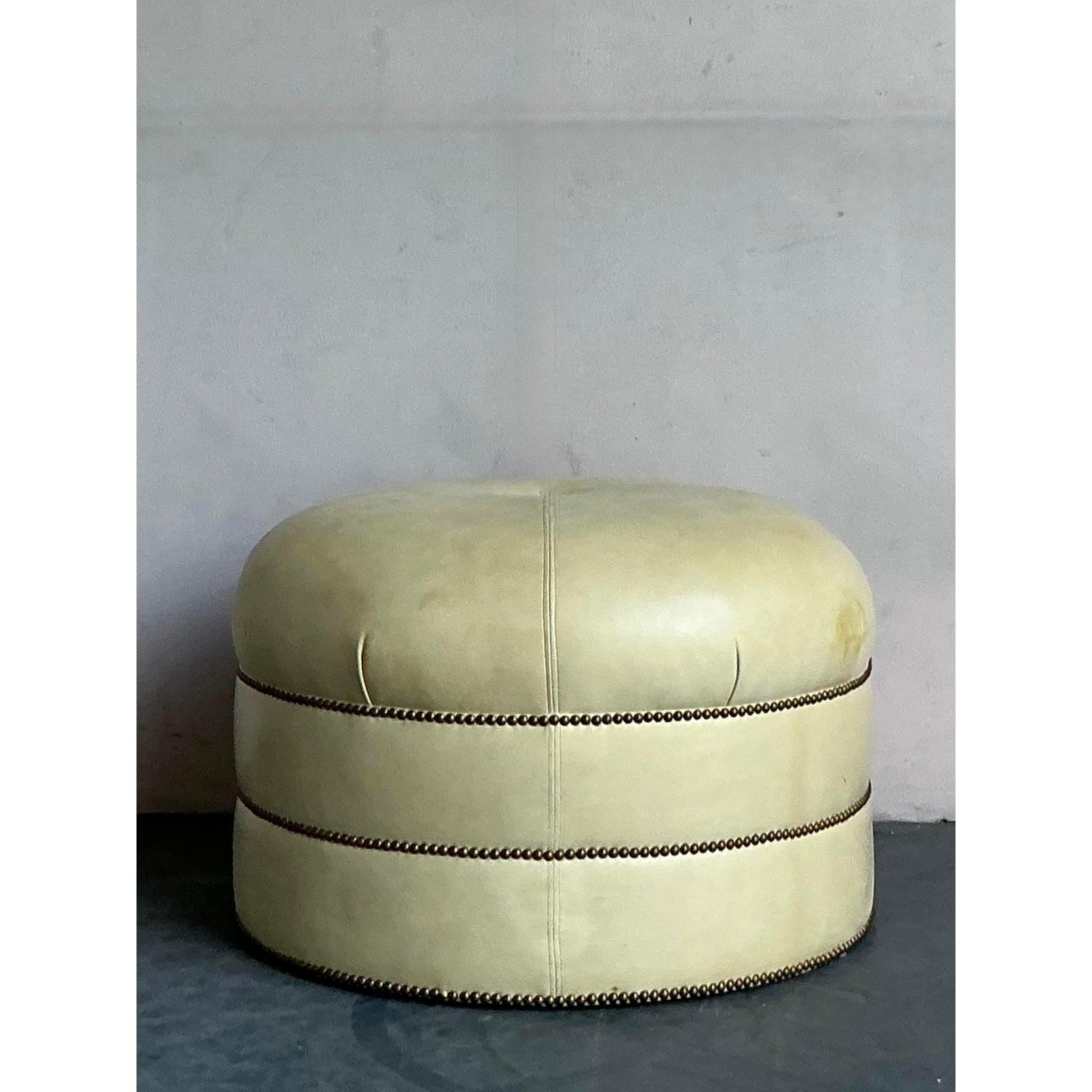 20th Century Vintage Regency Tufted Leather Ottoman For Sale