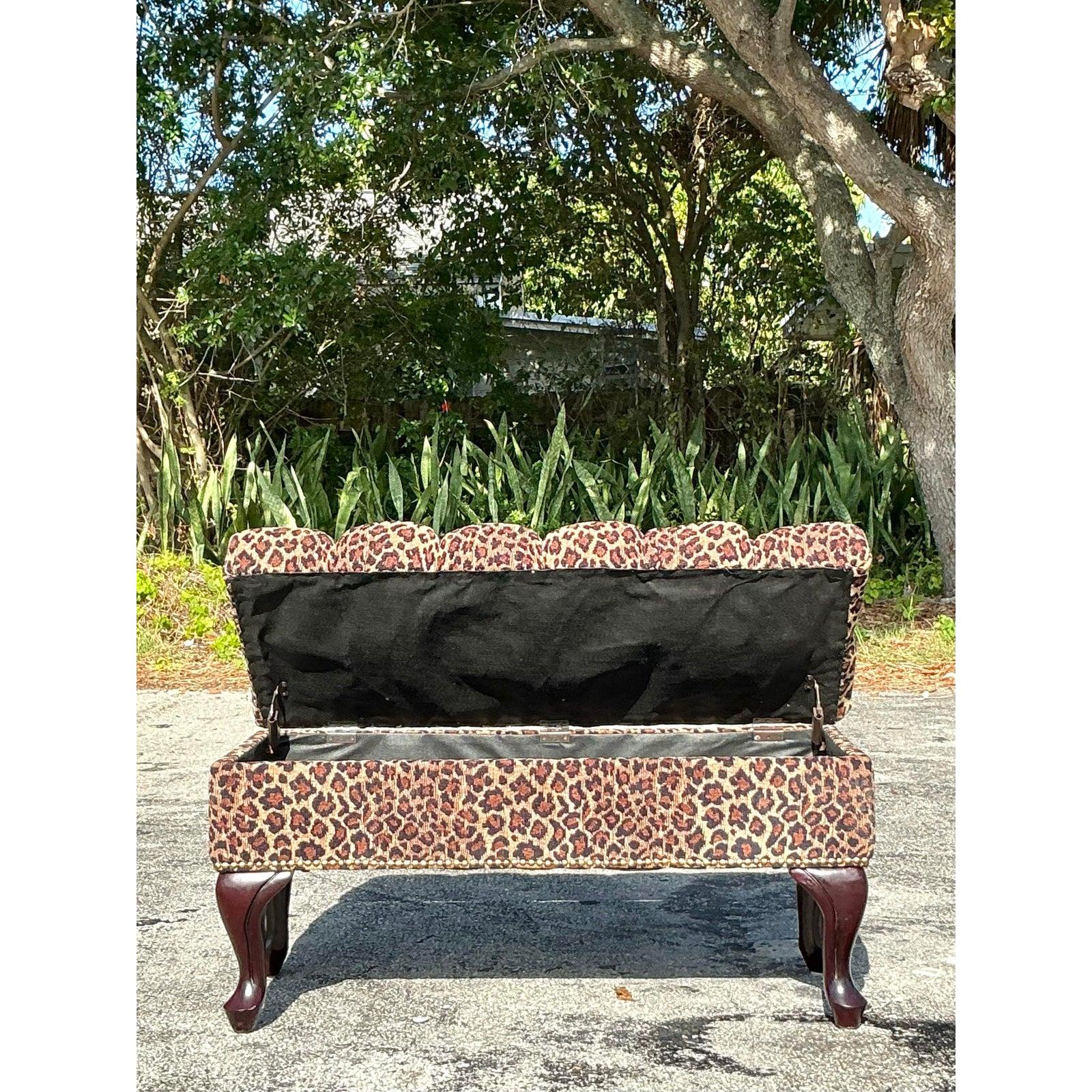 Vintage Regency Tufted Leopard Ottoman Bench For Sale 3