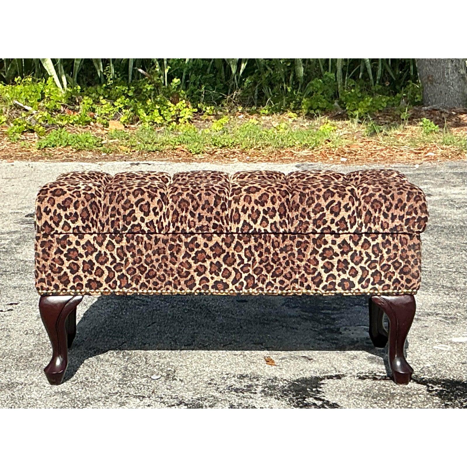 Hollywood Regency Vintage Regency Tufted Leopard Ottoman Bench For Sale