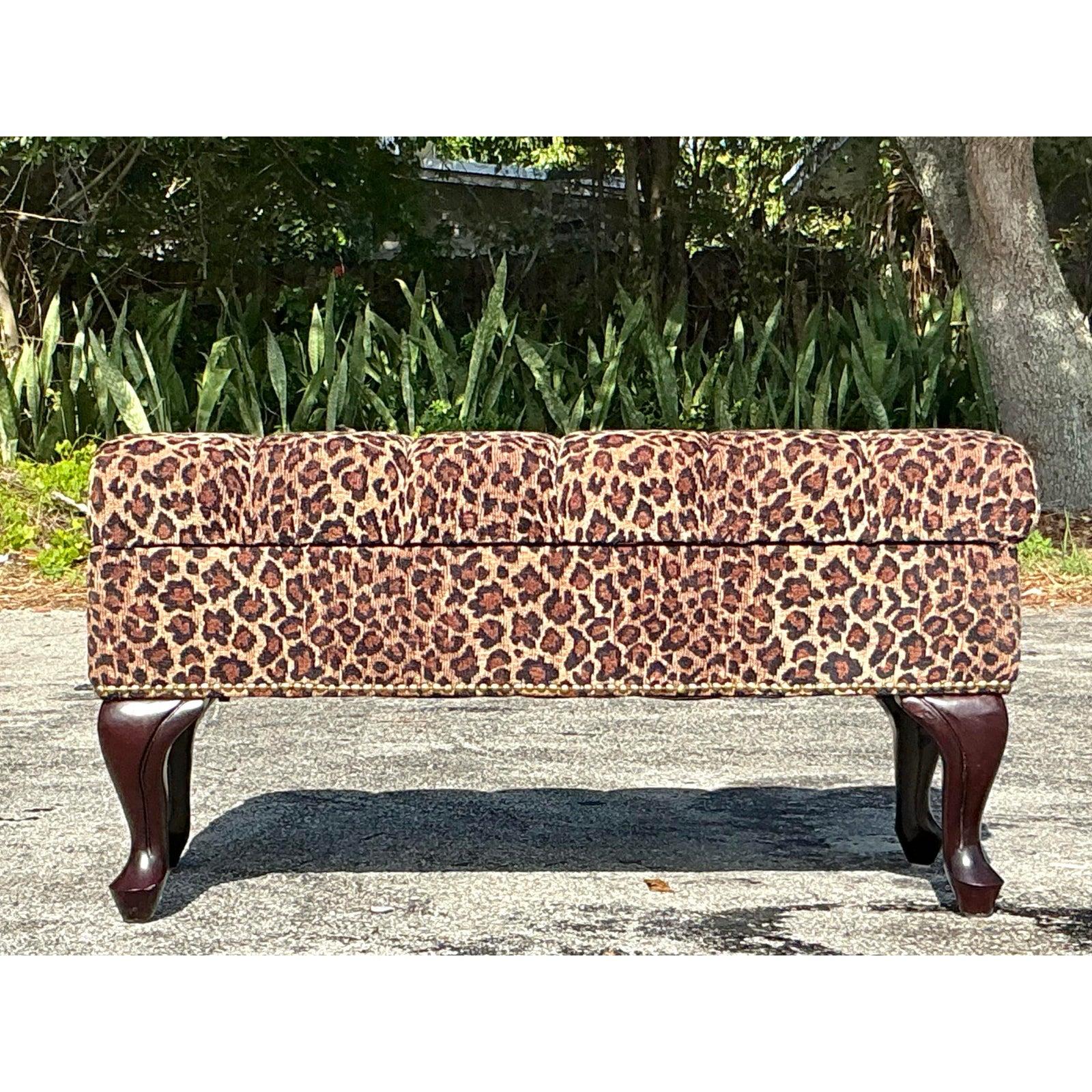 American Vintage Regency Tufted Leopard Ottoman Bench For Sale