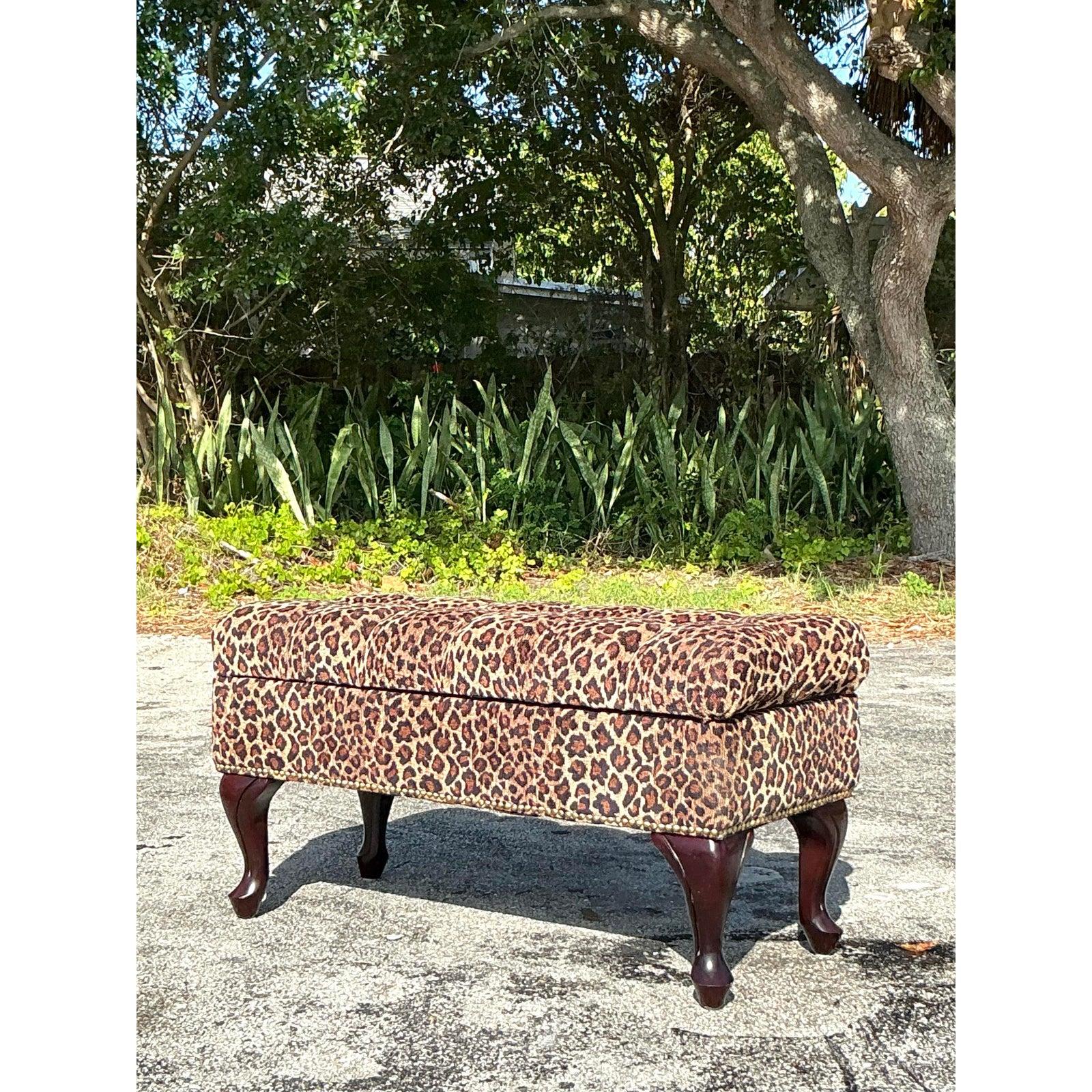 20th Century Vintage Regency Tufted Leopard Ottoman Bench For Sale