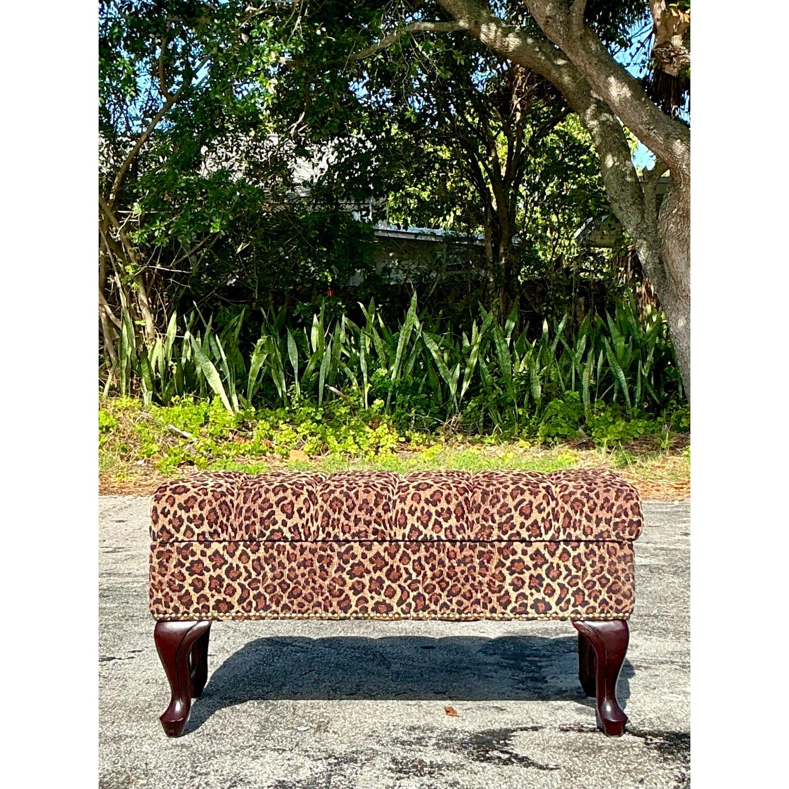 Fabric Vintage Regency Tufted Leopard Ottoman Bench For Sale