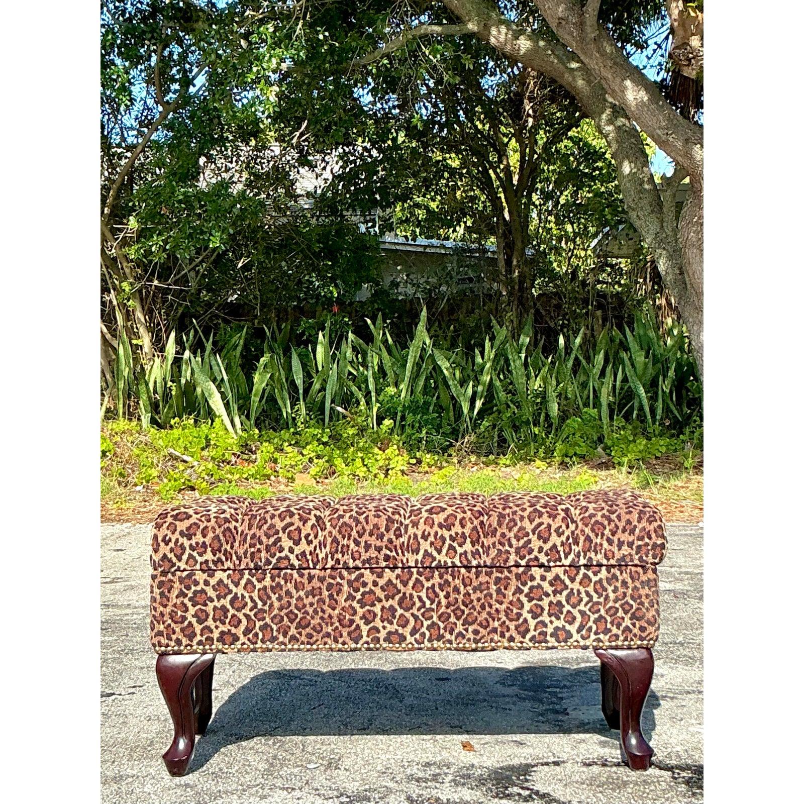 Vintage Regency Tufted Leopard Ottoman Bench For Sale 1