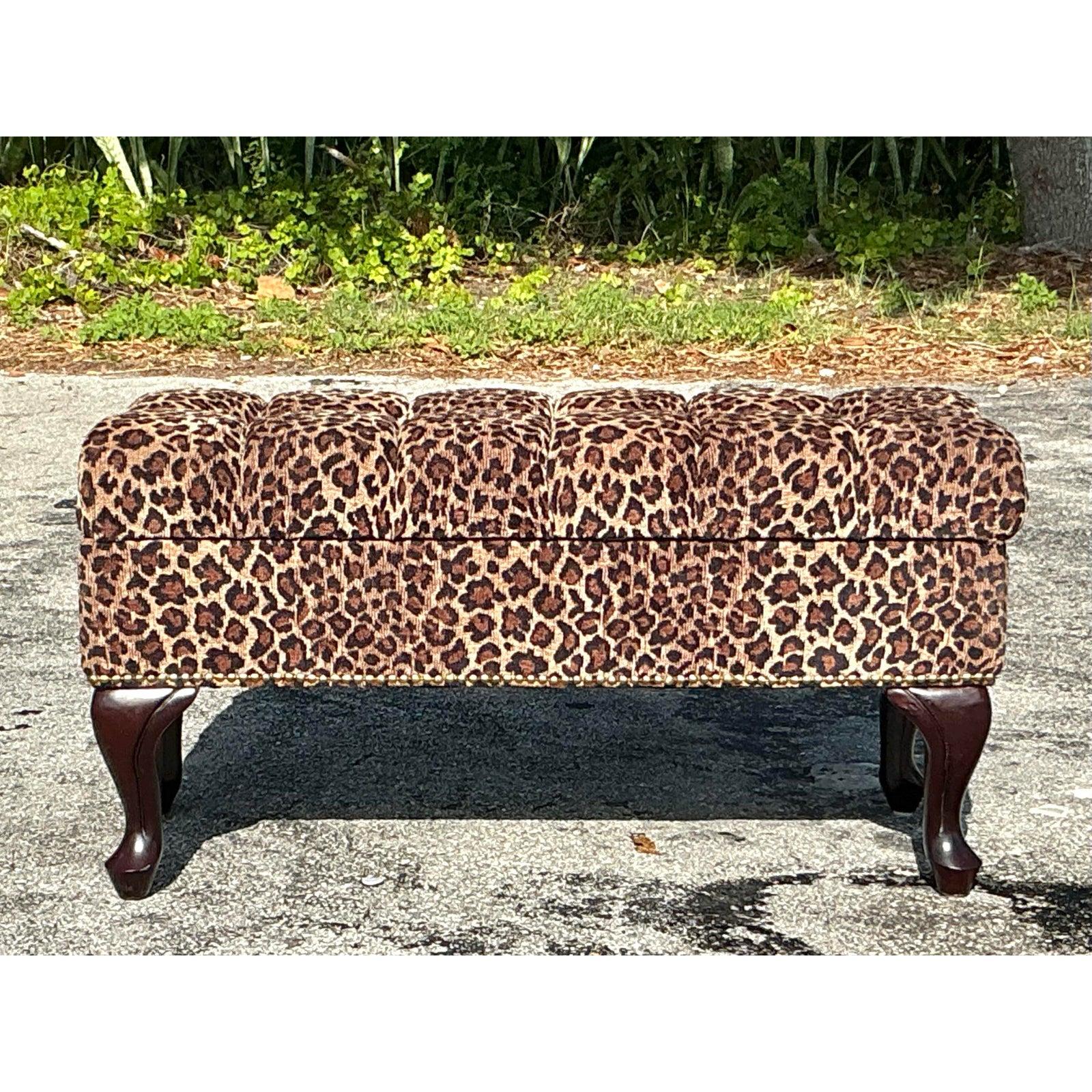 Vintage Regency Tufted Leopard Ottoman Bench For Sale 2