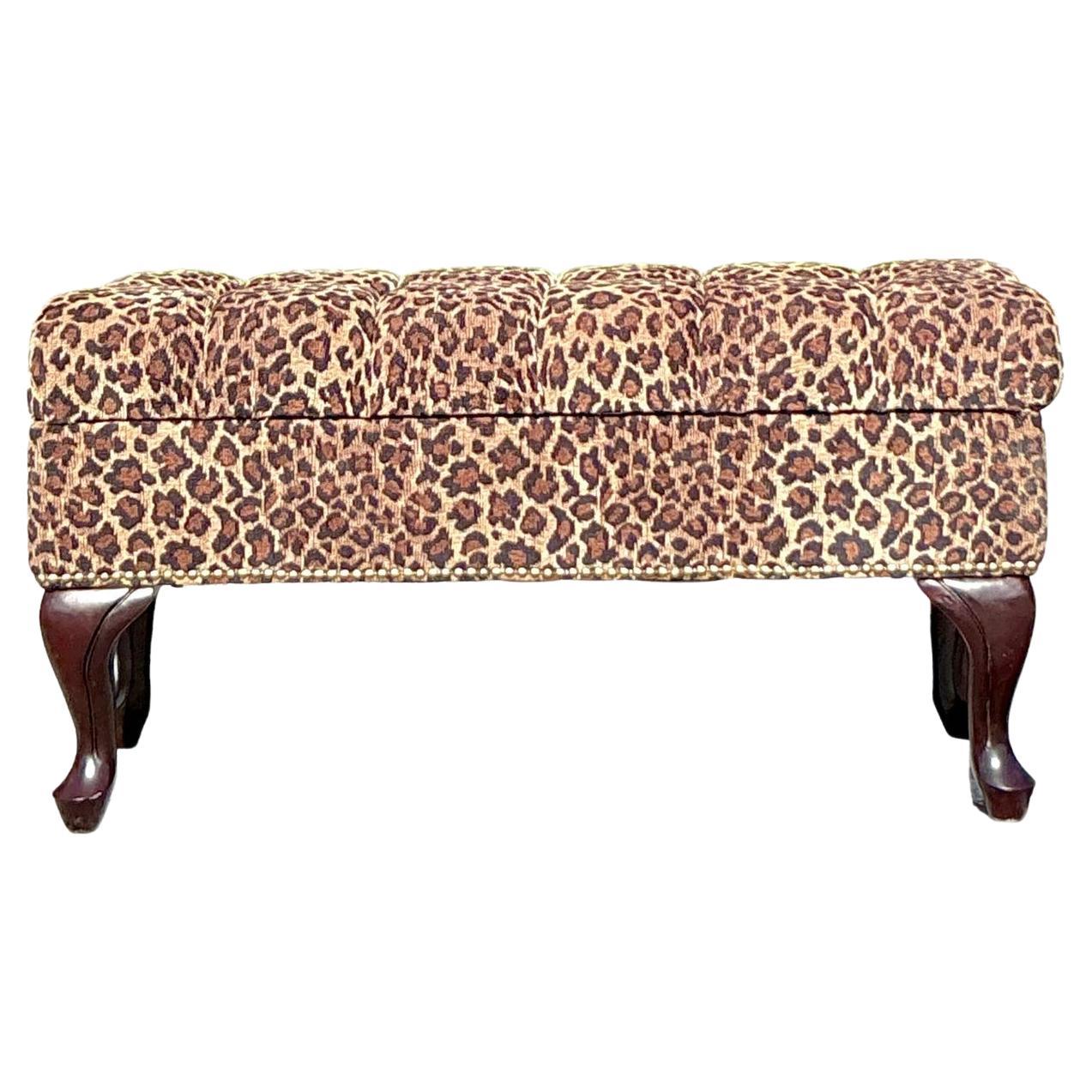 Vintage Regency Tufted Leopard Ottoman Bench