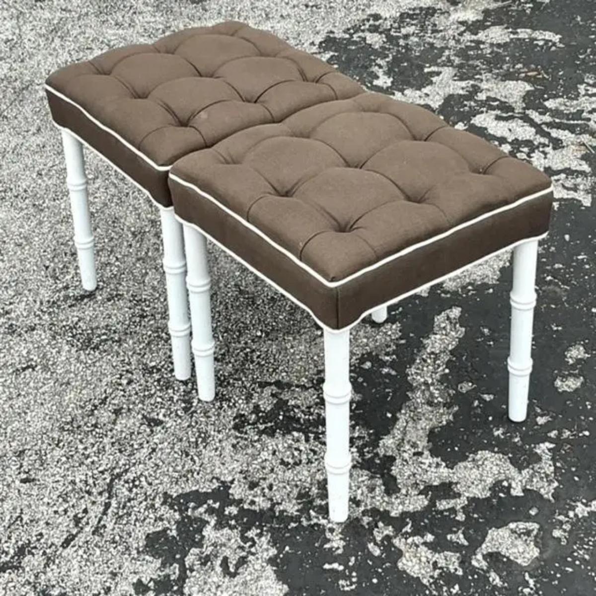Elevate your living space with this elegant pair of Vintage Regency Tufted Low Stools. Featuring a luxurious tufted design, these stools offer both comfort and style, making them a perfect addition to any room. Upholstered in rich, sumptuous fabric,