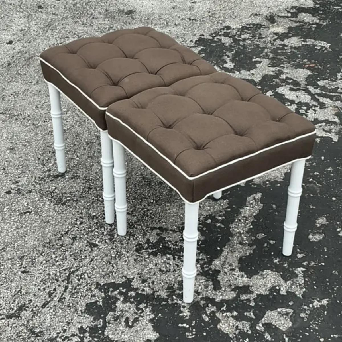 Vintage Regency Tufted Low Stools - a Pair In Good Condition For Sale In west palm beach, FL