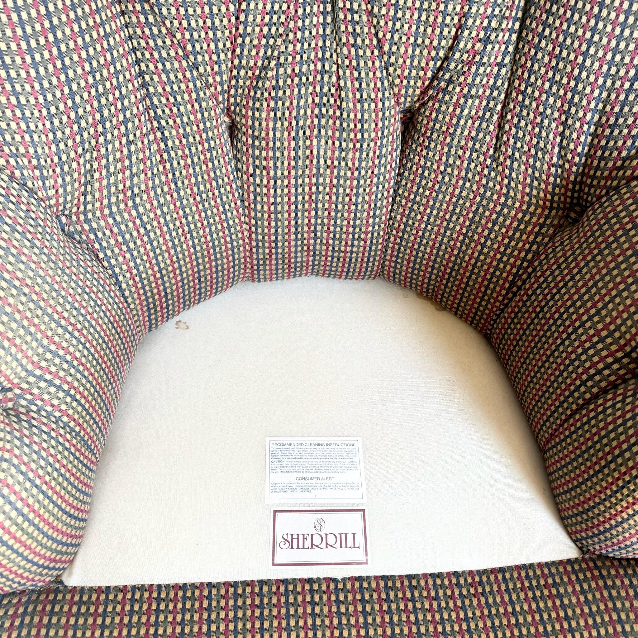 Vintage Regency Tufted Red Blue and Tan Lounge Chairs by Sherrill - A Pair In Good Condition For Sale In Delray Beach, FL