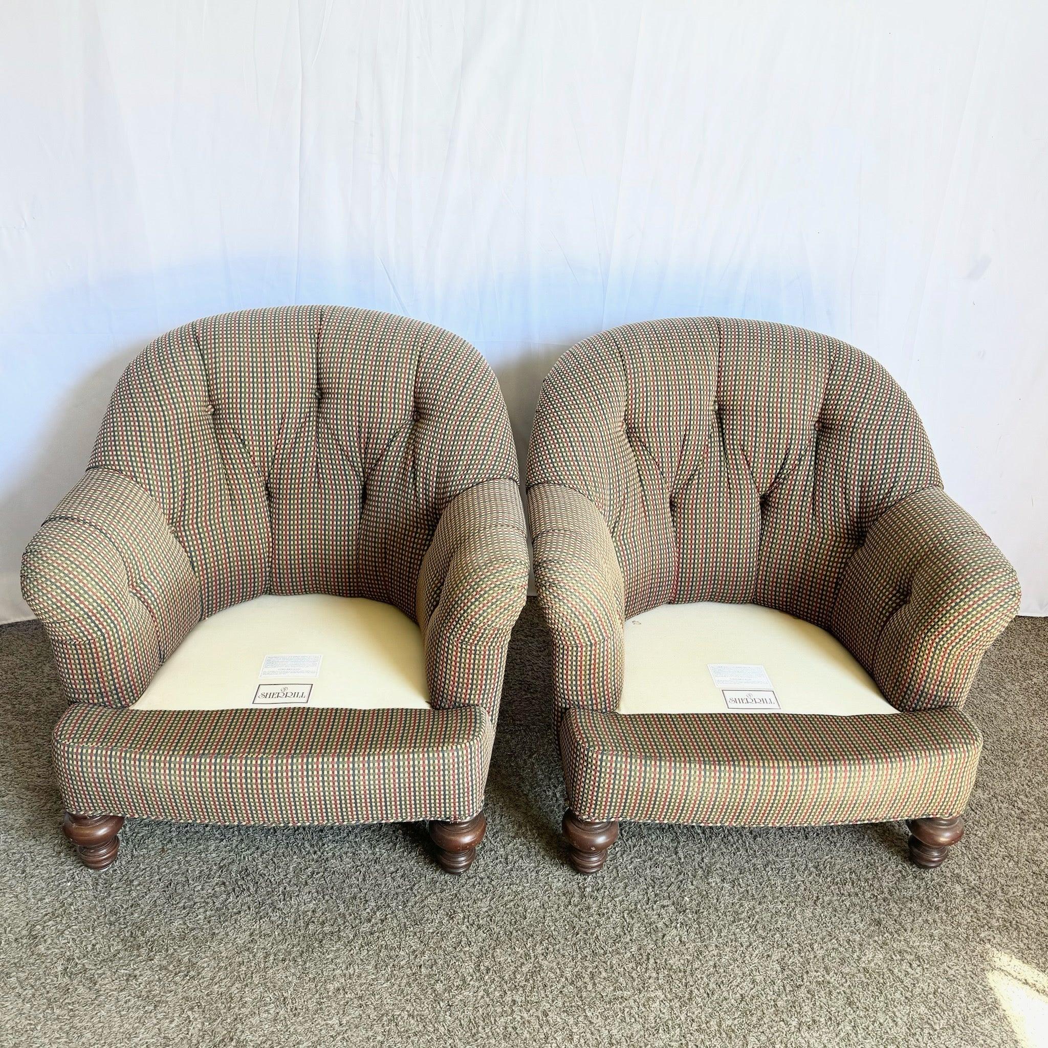 Late 20th Century Vintage Regency Tufted Red Blue and Tan Lounge Chairs by Sherrill - A Pair For Sale