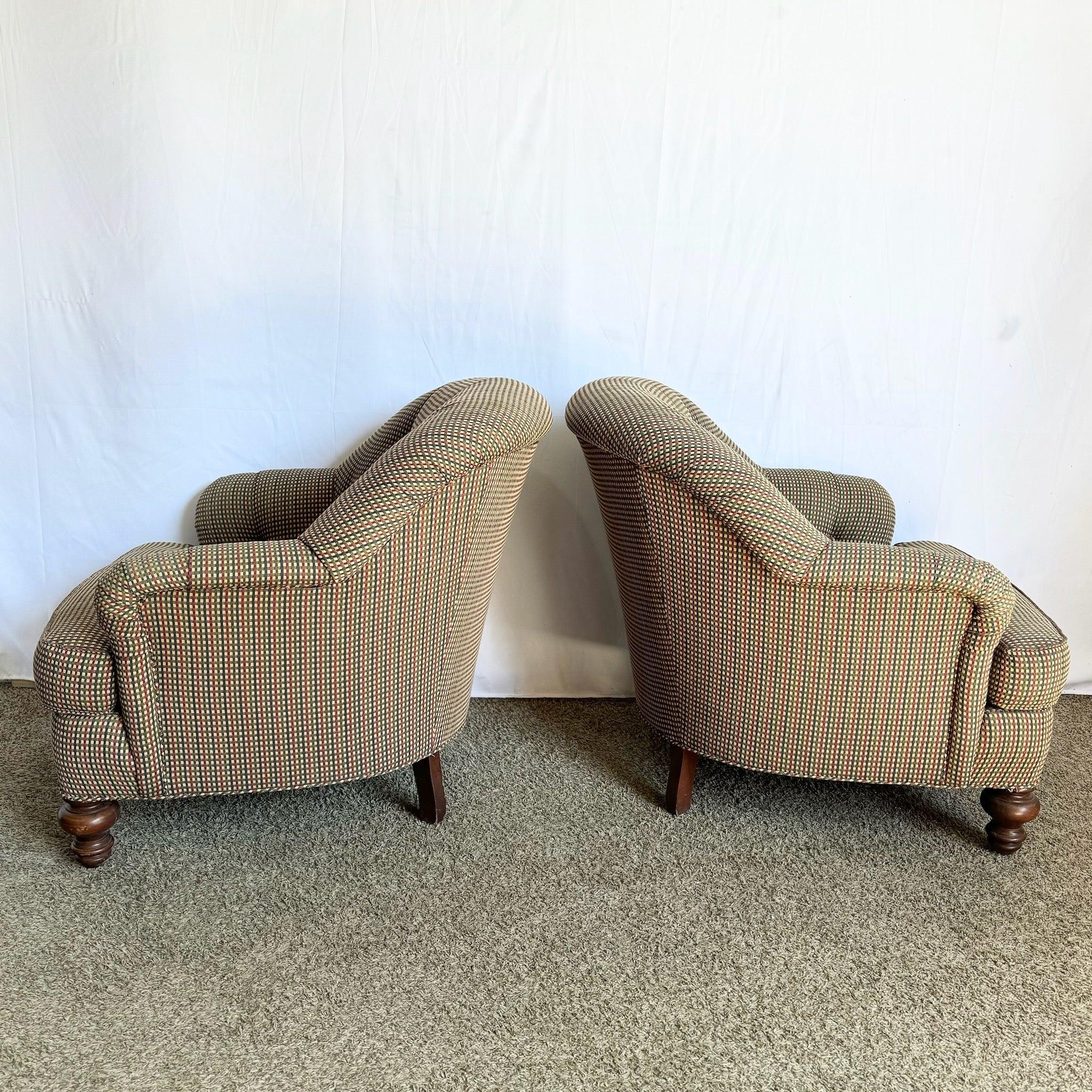 Fabric Vintage Regency Tufted Red Blue and Tan Lounge Chairs by Sherrill - A Pair For Sale