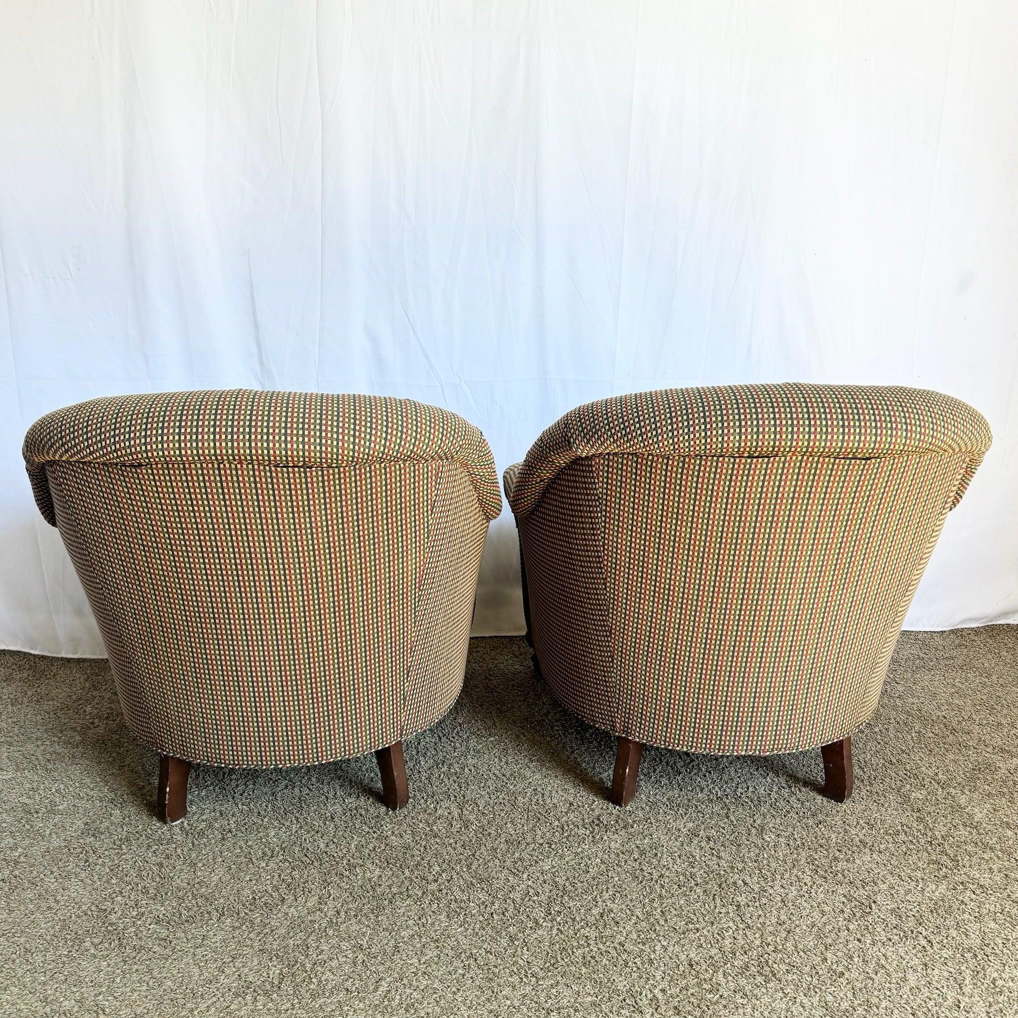 Vintage Regency Tufted Red Blue and Tan Lounge Chairs by Sherrill - A Pair For Sale 1
