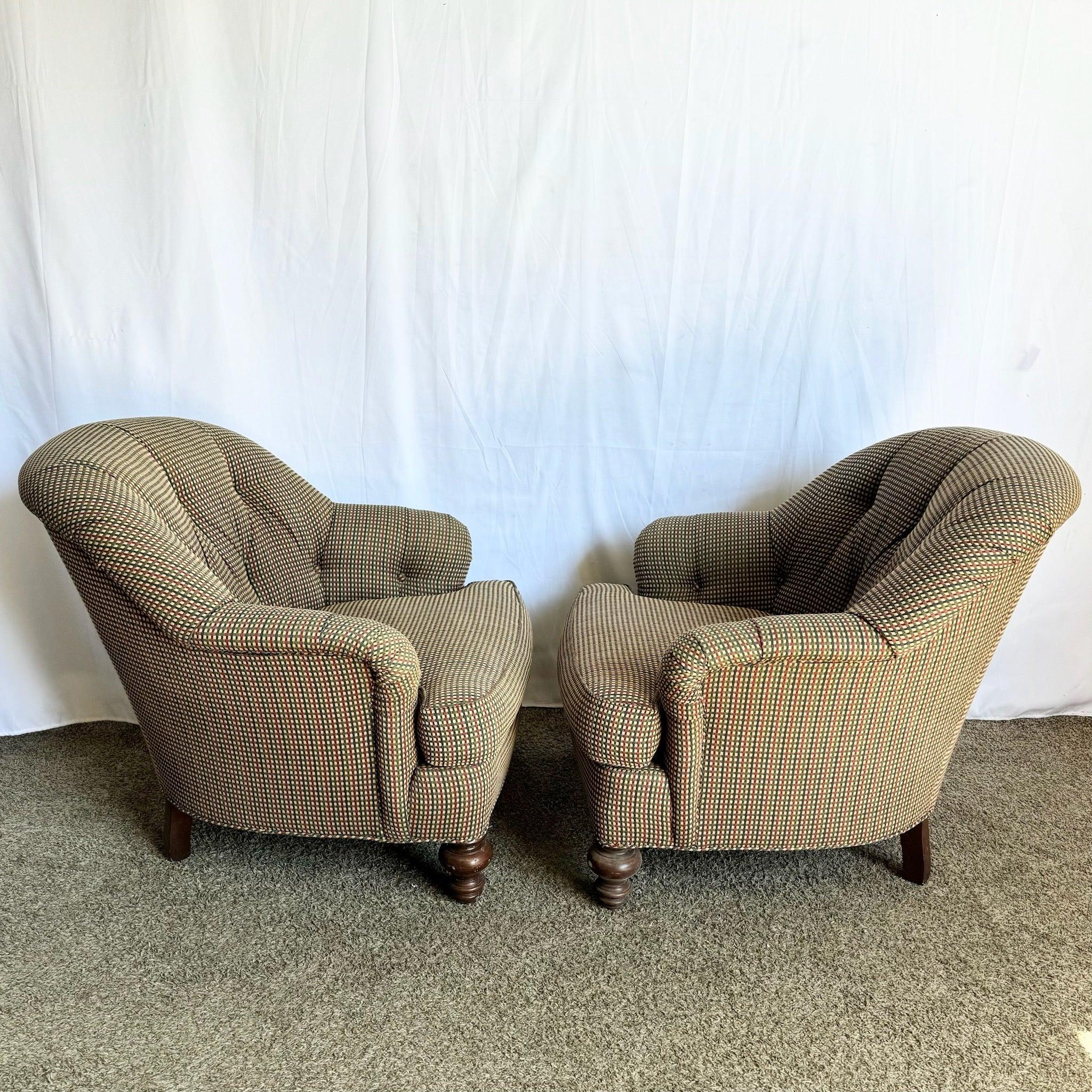 Vintage Regency Tufted Red Blue and Tan Lounge Chairs by Sherrill - A Pair For Sale 2