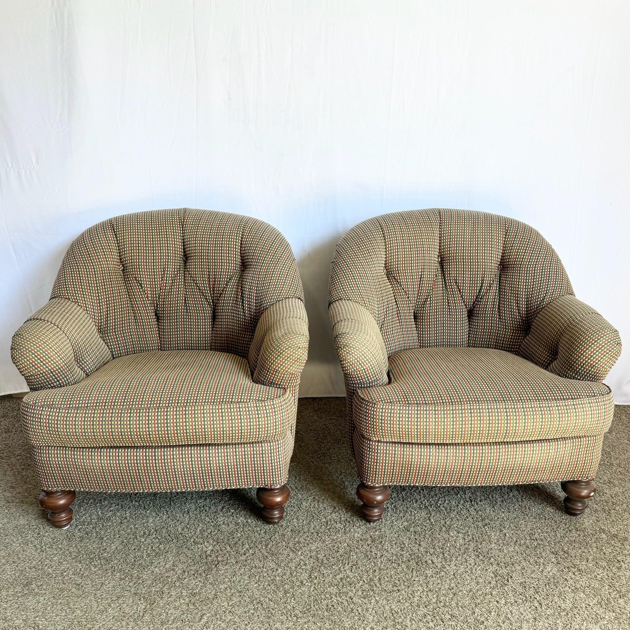 Vintage Regency Tufted Red Blue and Tan Lounge Chairs by Sherrill - A Pair For Sale 3