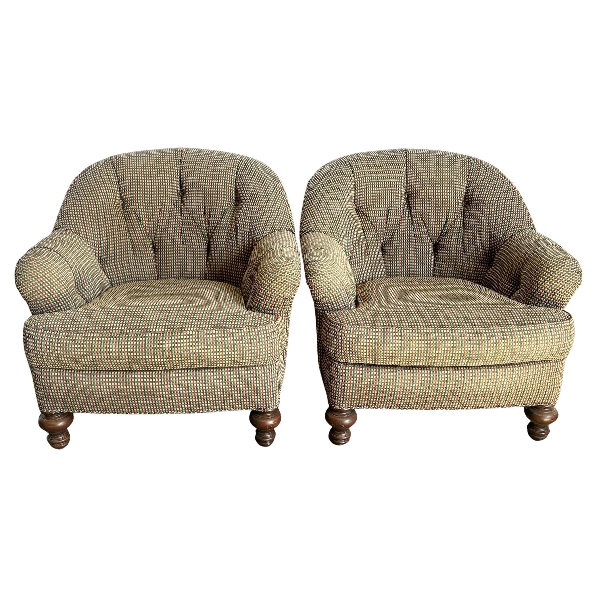 Vintage Regency Tufted Red Blue and Tan Lounge Chairs by Sherrill - A Pair For Sale