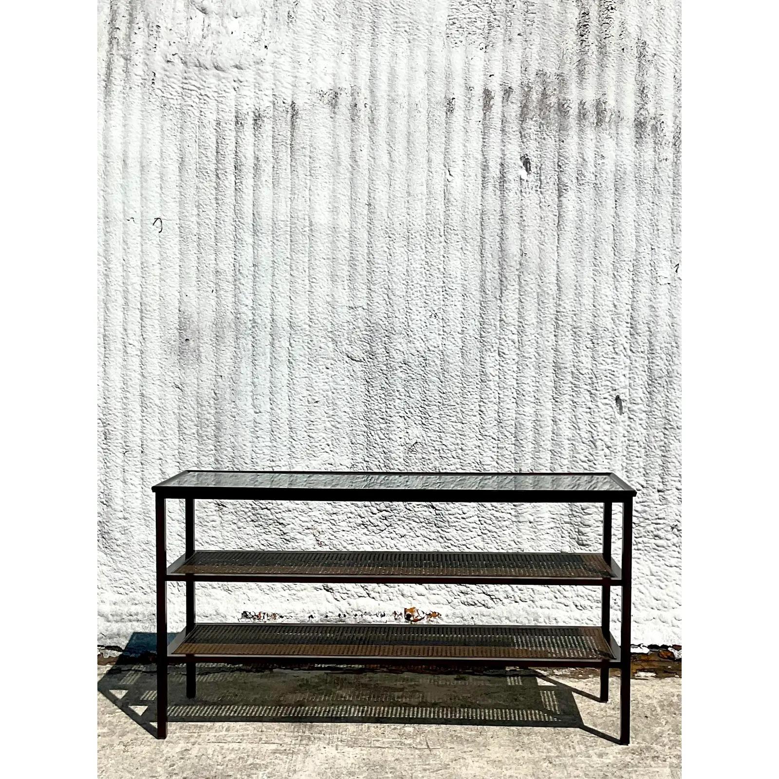 Vintage Regency Two Tier Cane Console Table In Good Condition In West Palm Beach, FL