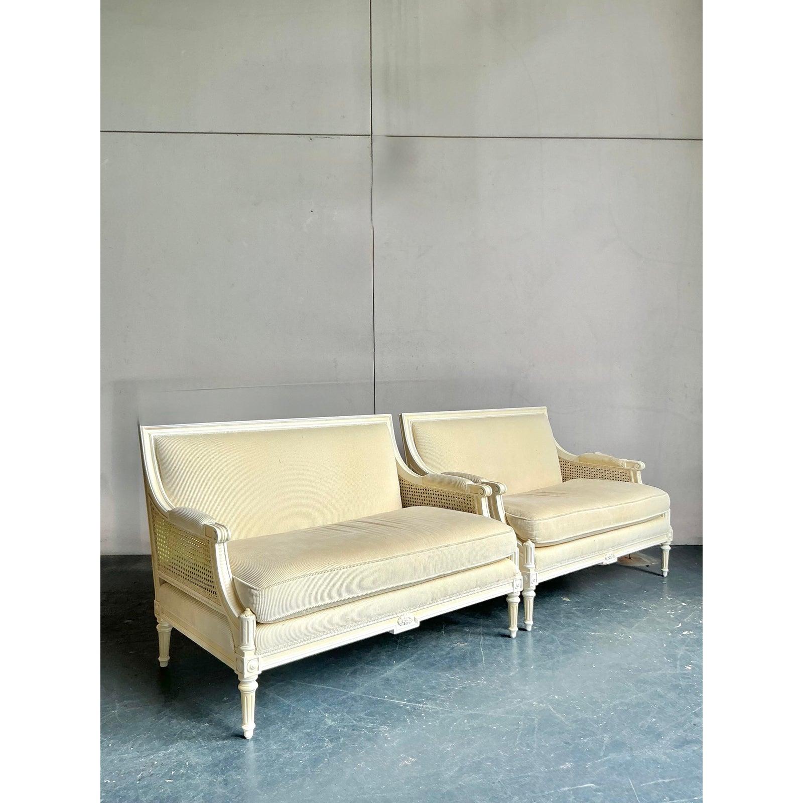 French Provincial Vintage Regency Upholstered Cane Settee - A Pair For Sale