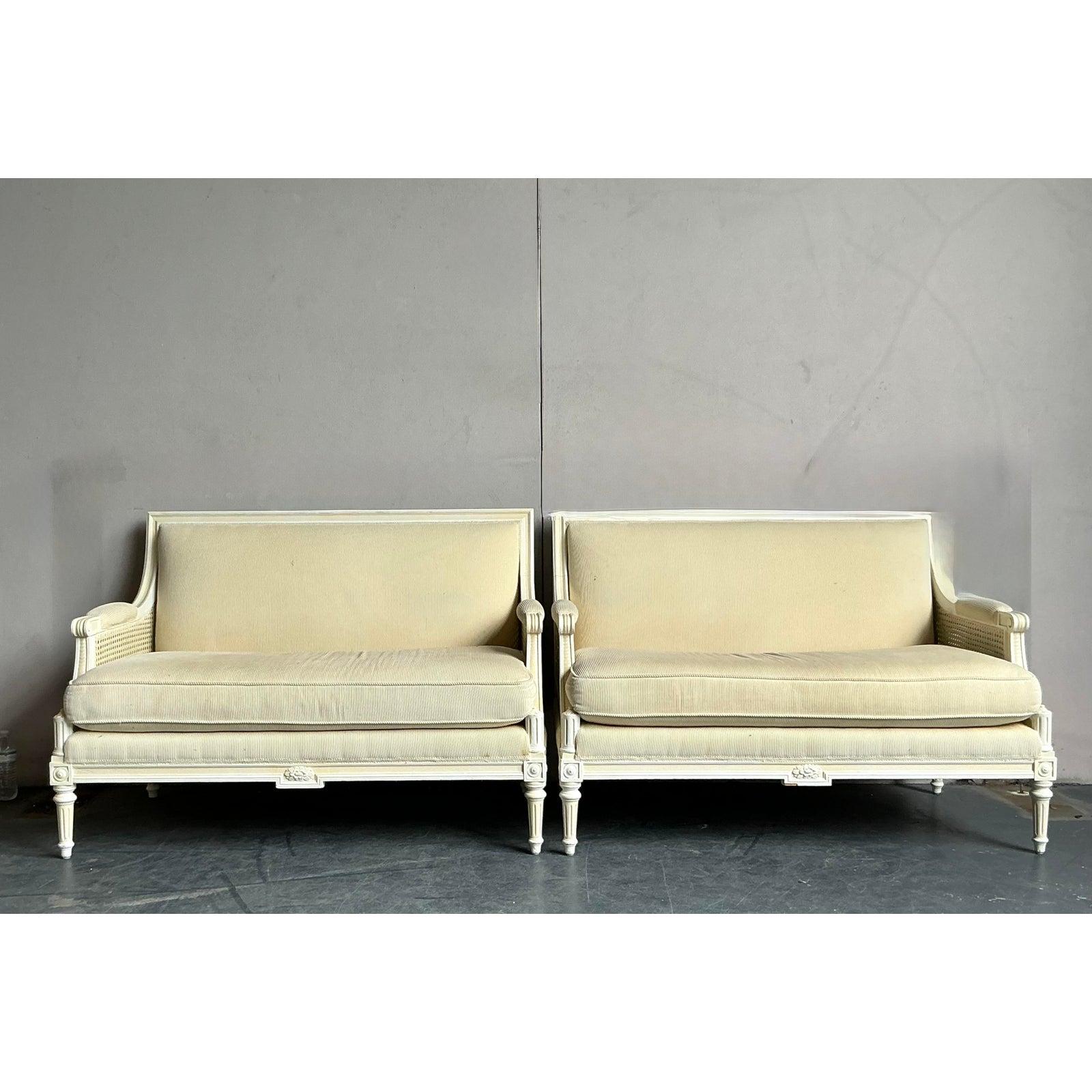 American Vintage Regency Upholstered Cane Settee - A Pair For Sale