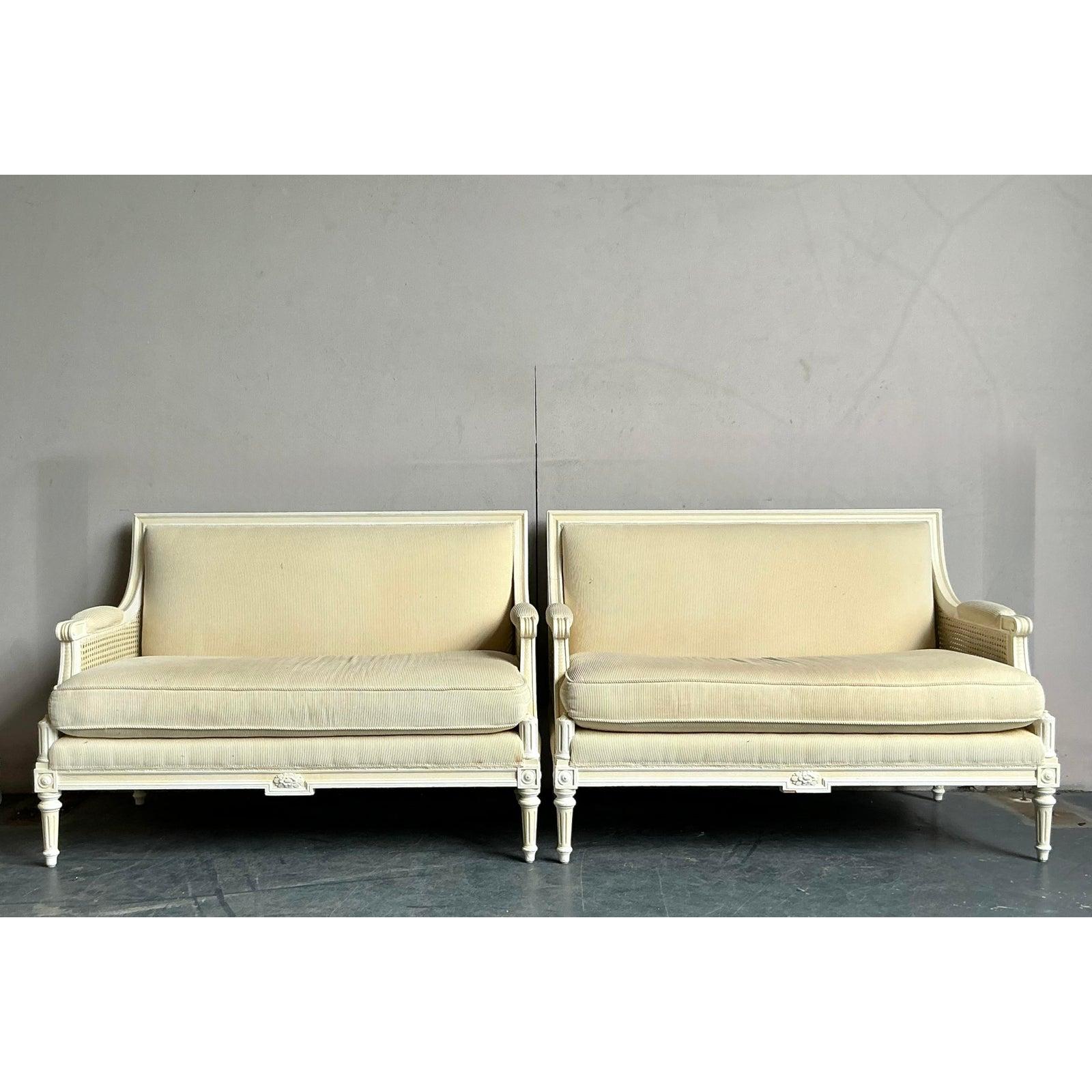 20th Century Vintage Regency Upholstered Cane Settee - A Pair For Sale