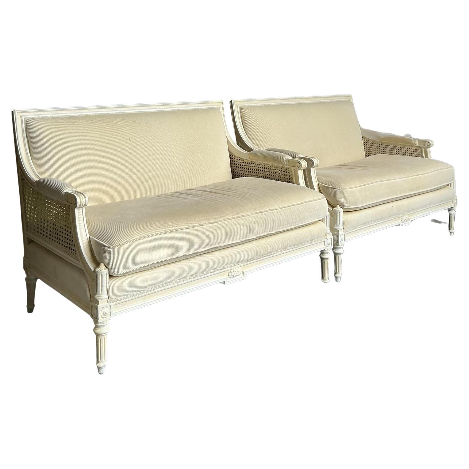 Vintage Regency Upholstered Cane Settee - A Pair