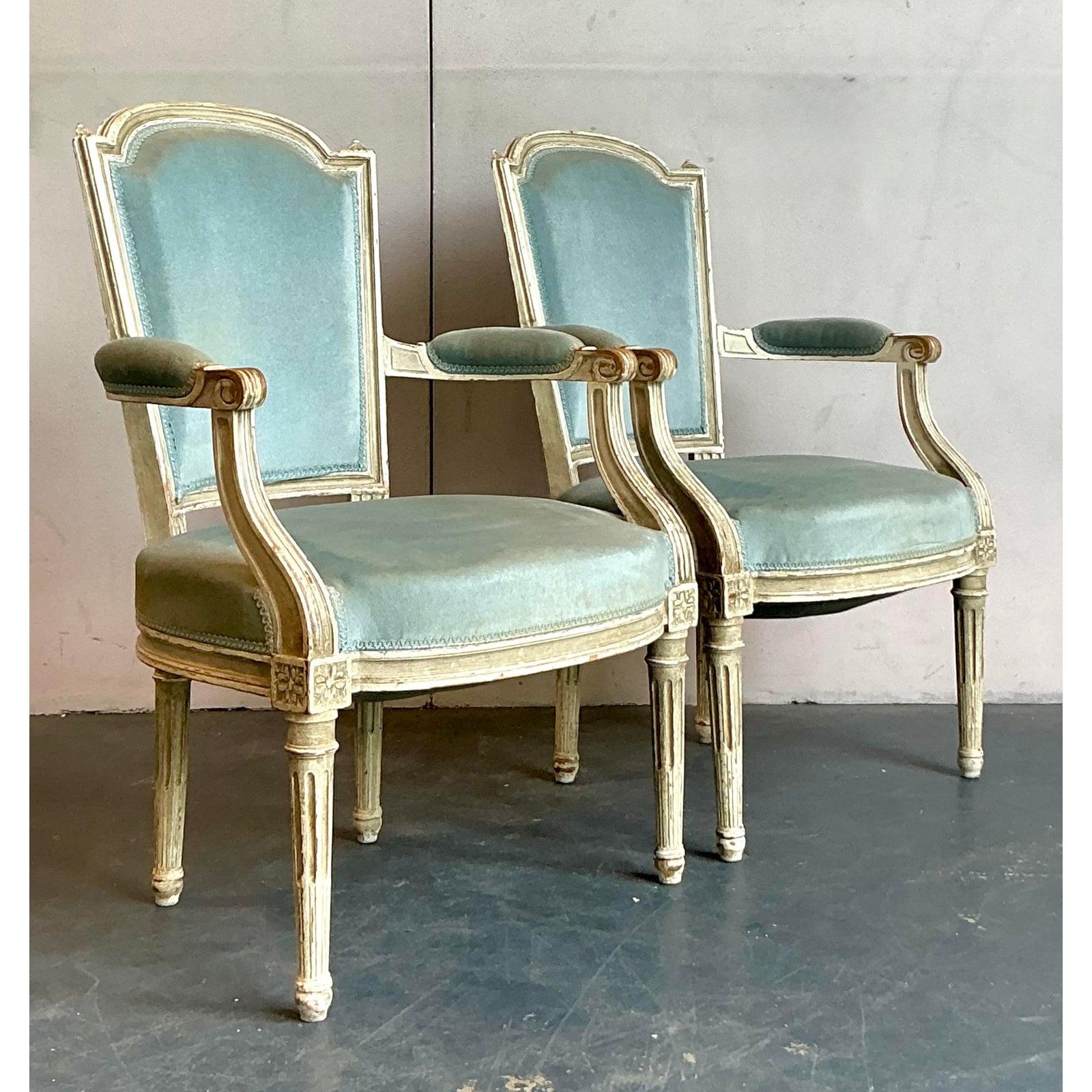 Francese Sedie Fauteuil in velluto vintage Regency in vendita