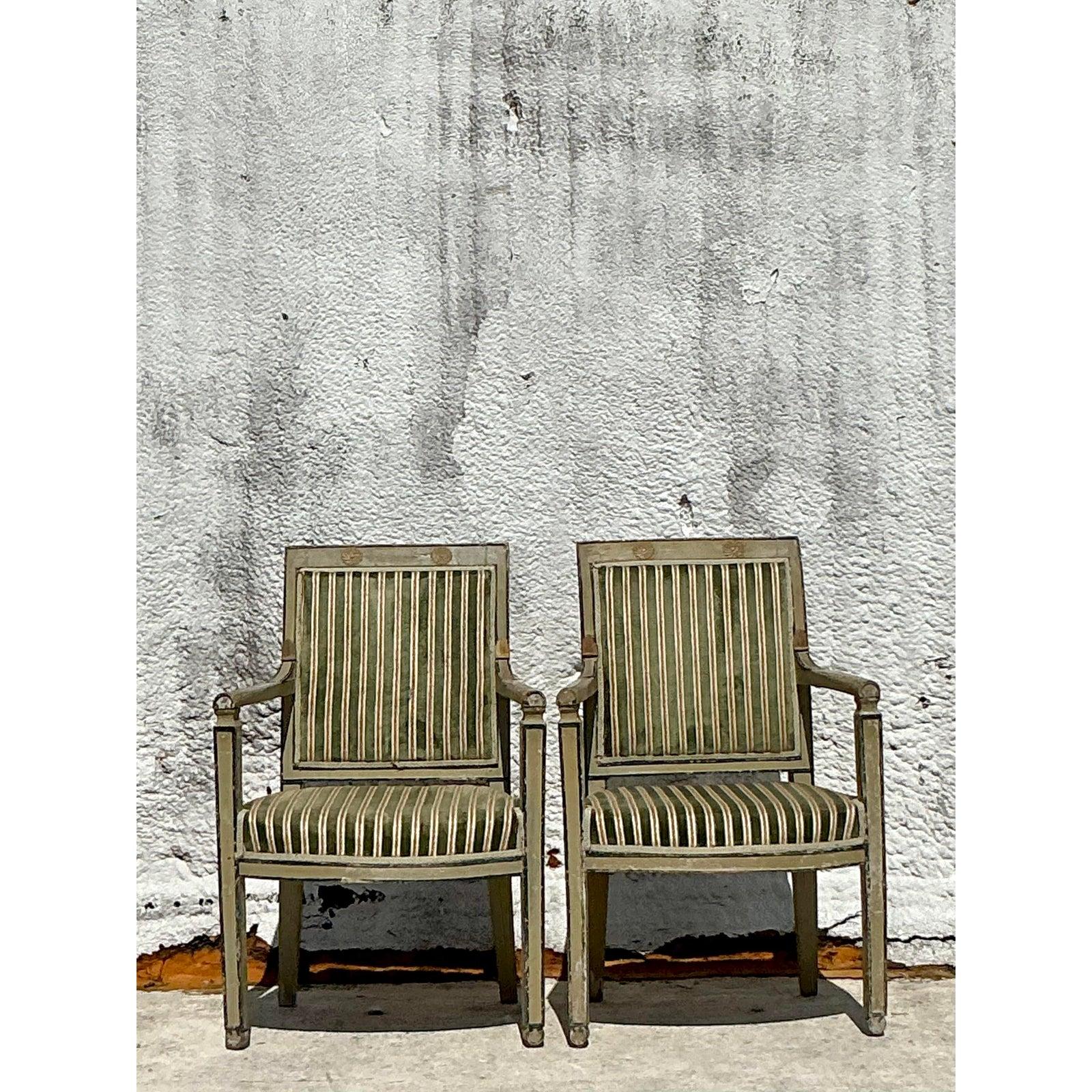 Sedie Fauteuil in velluto a righe Regency d'epoca - Una coppia in vendita 1