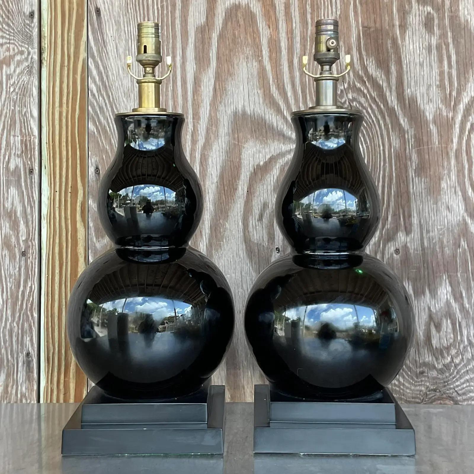 Brass Vintage Regency Visual Comfort “Fang” Gourd Table Lamps, a Pair