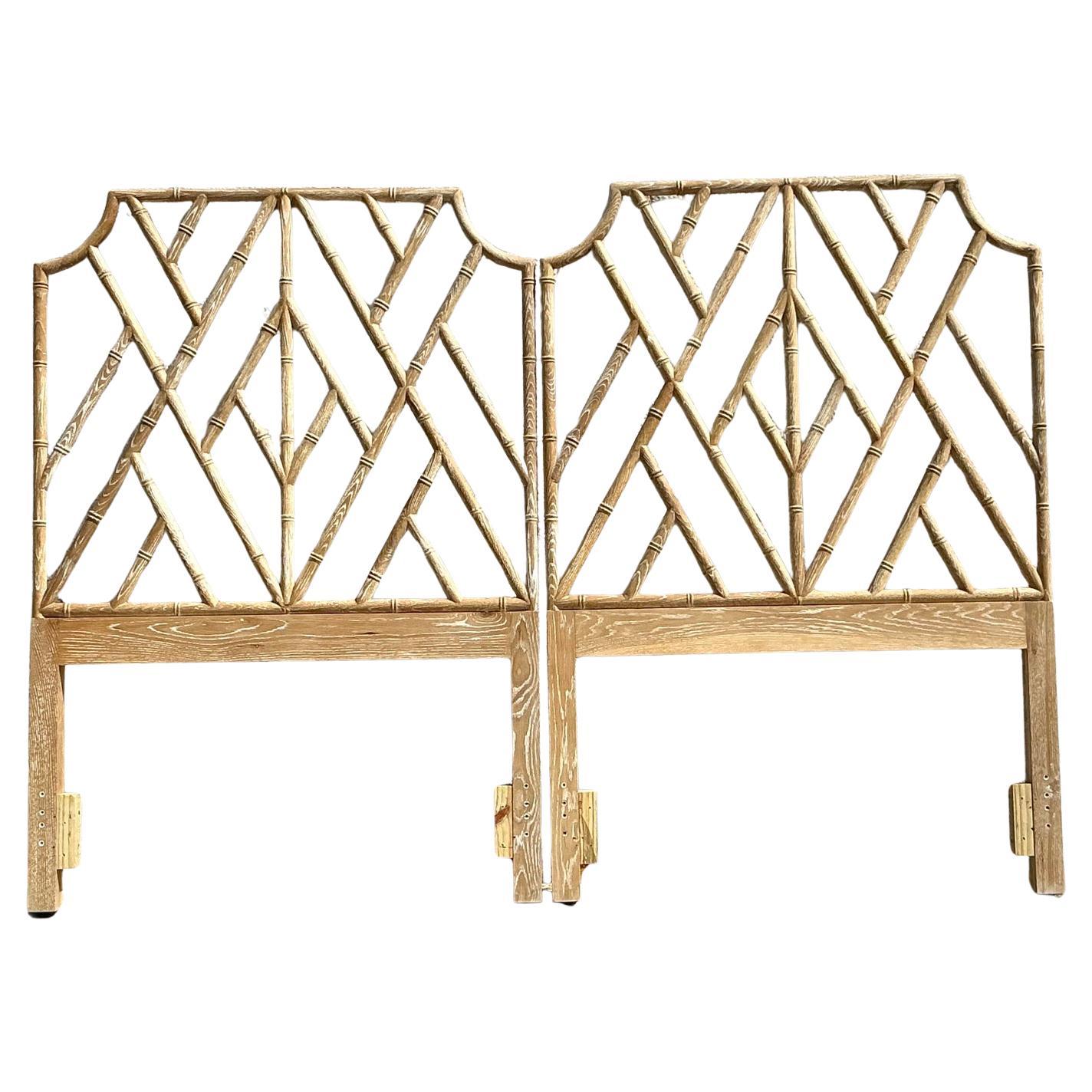 Vintage Regency Washed Chinese Chippendale Twin Headboards - Set of 2