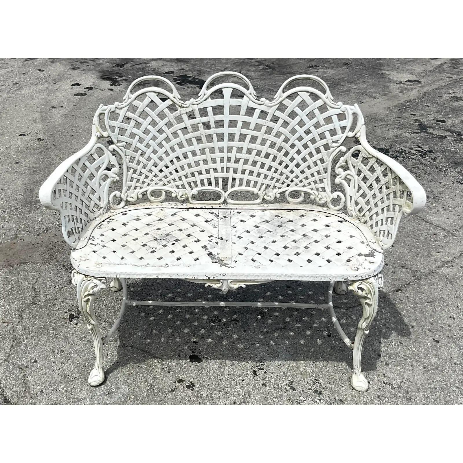 North American Vintage Regency Web Wrought Iron Bench For Sale