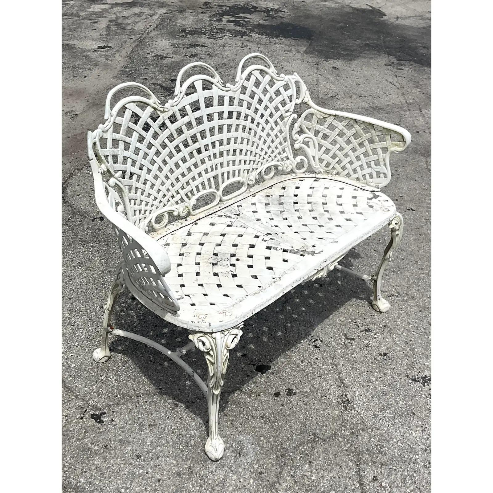 Vintage Regency Web Wrought Iron Bench In Good Condition For Sale In west palm beach, FL