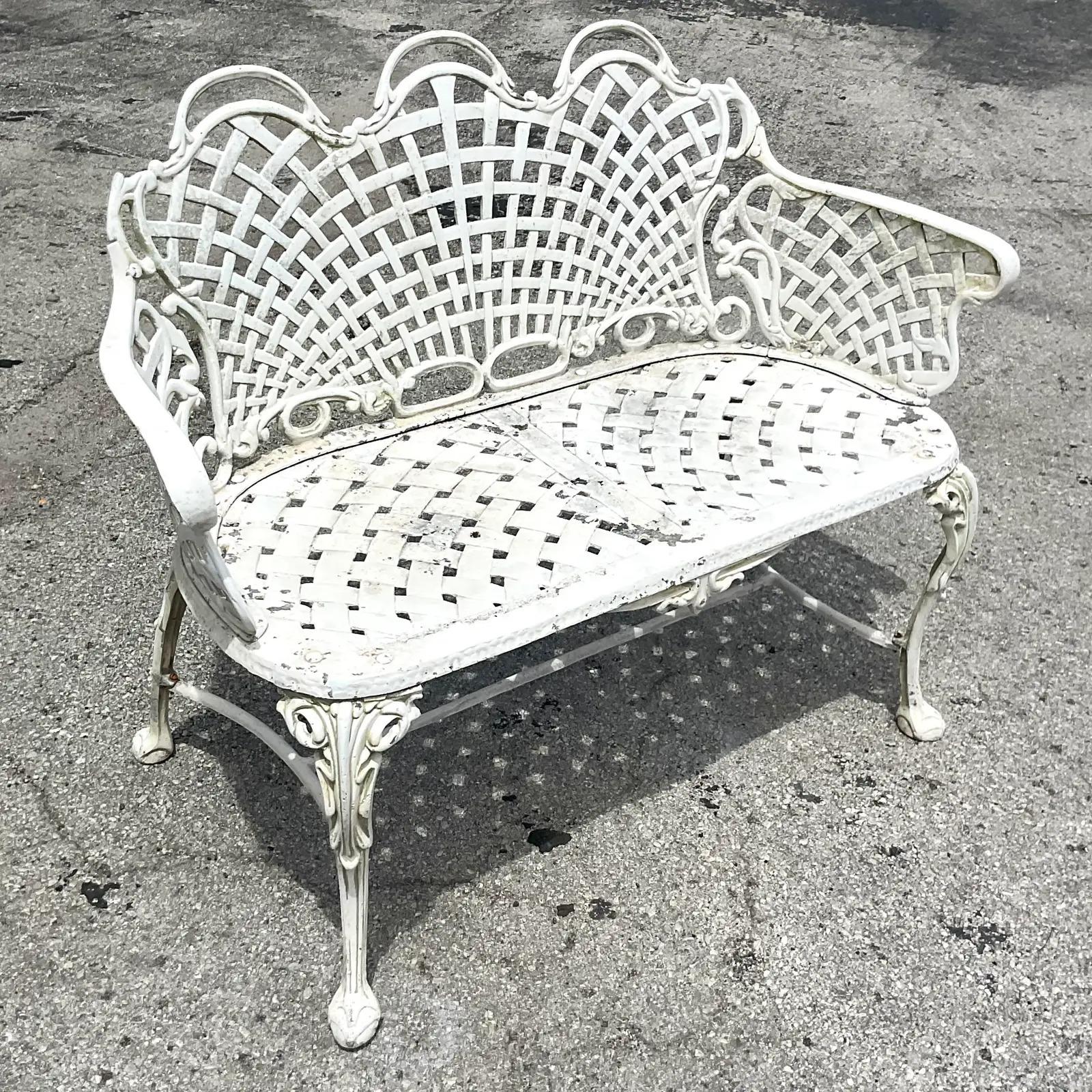 20th Century Vintage Regency Web Wrought Iron Bench For Sale