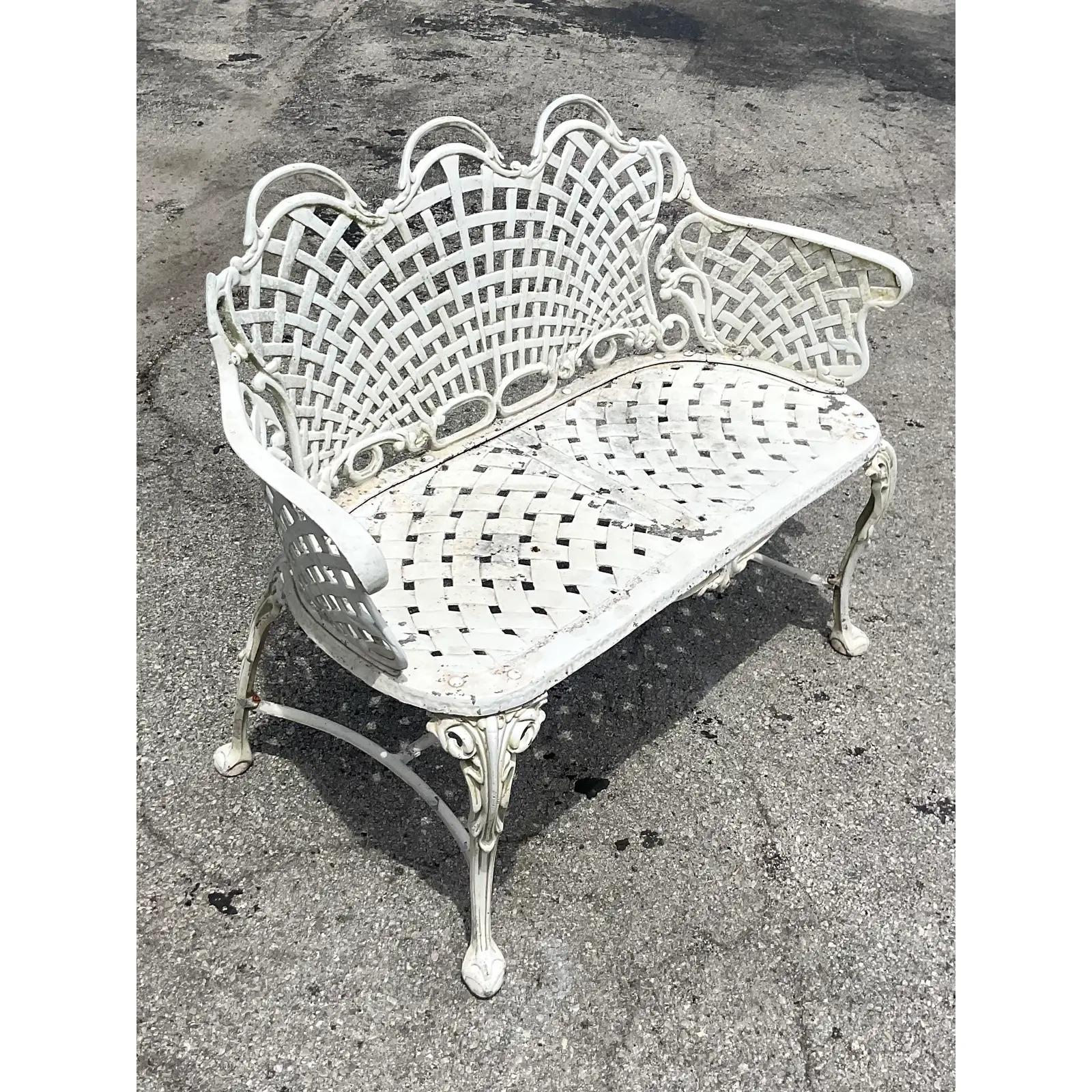 Vintage Regency Web Wrought Iron Bench For Sale 1