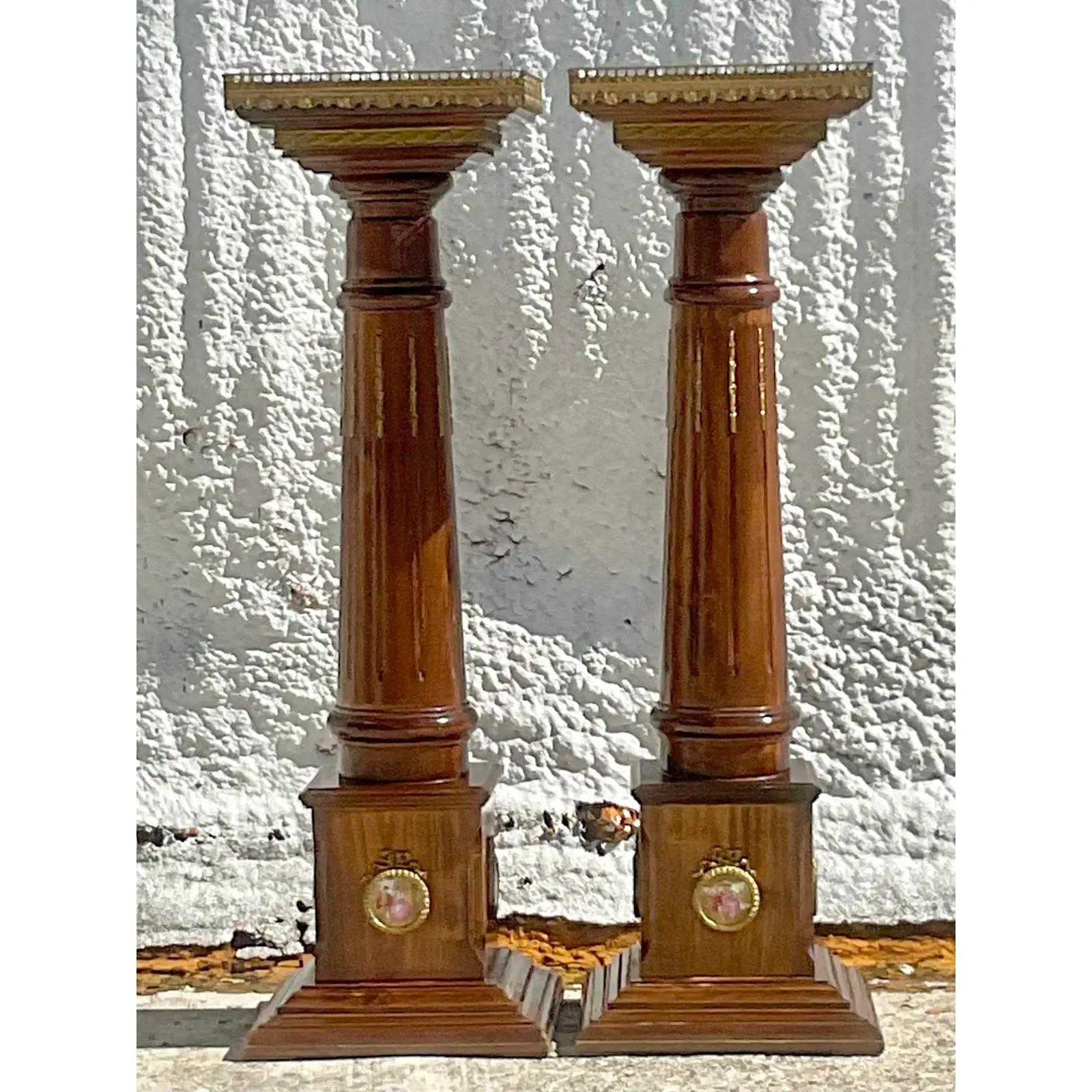 Brass Vintage Regency Wedgwood Cameo Pedestals - a Pair For Sale