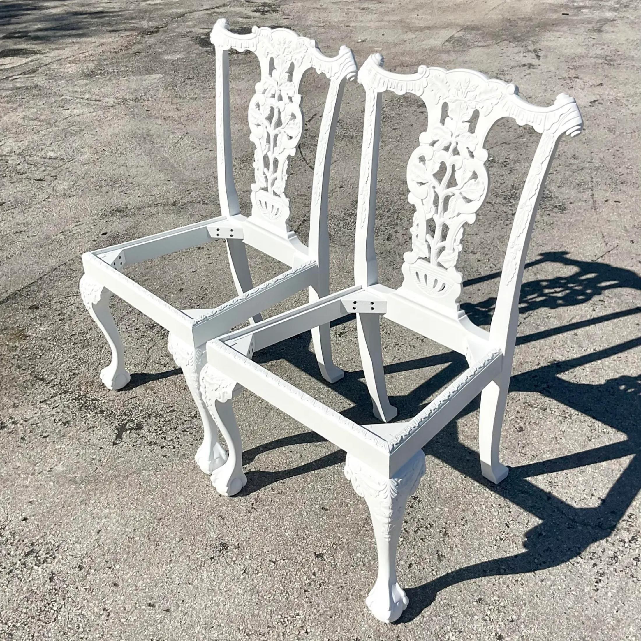 Vintage Regency White Ball and Claw Foot Carved Chippendale Chairs - a Pair In Good Condition For Sale In west palm beach, FL