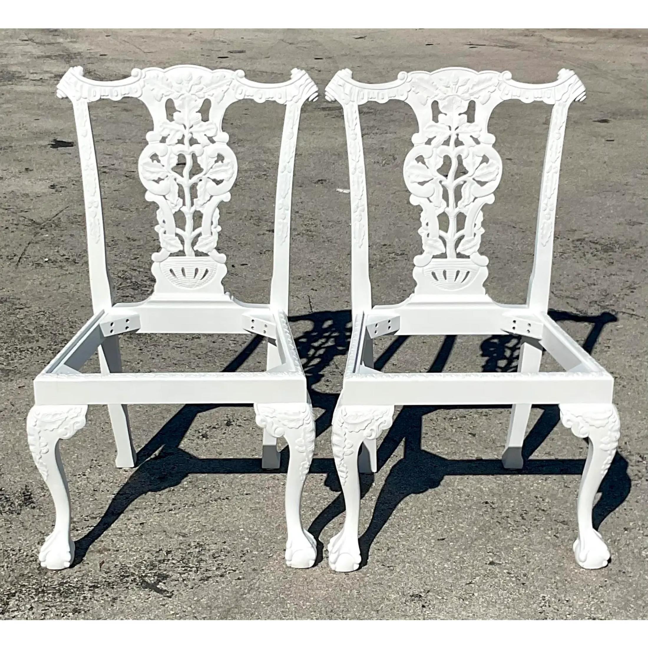 20th Century Vintage Regency White Ball and Claw Foot Carved Chippendale Chairs - a Pair For Sale