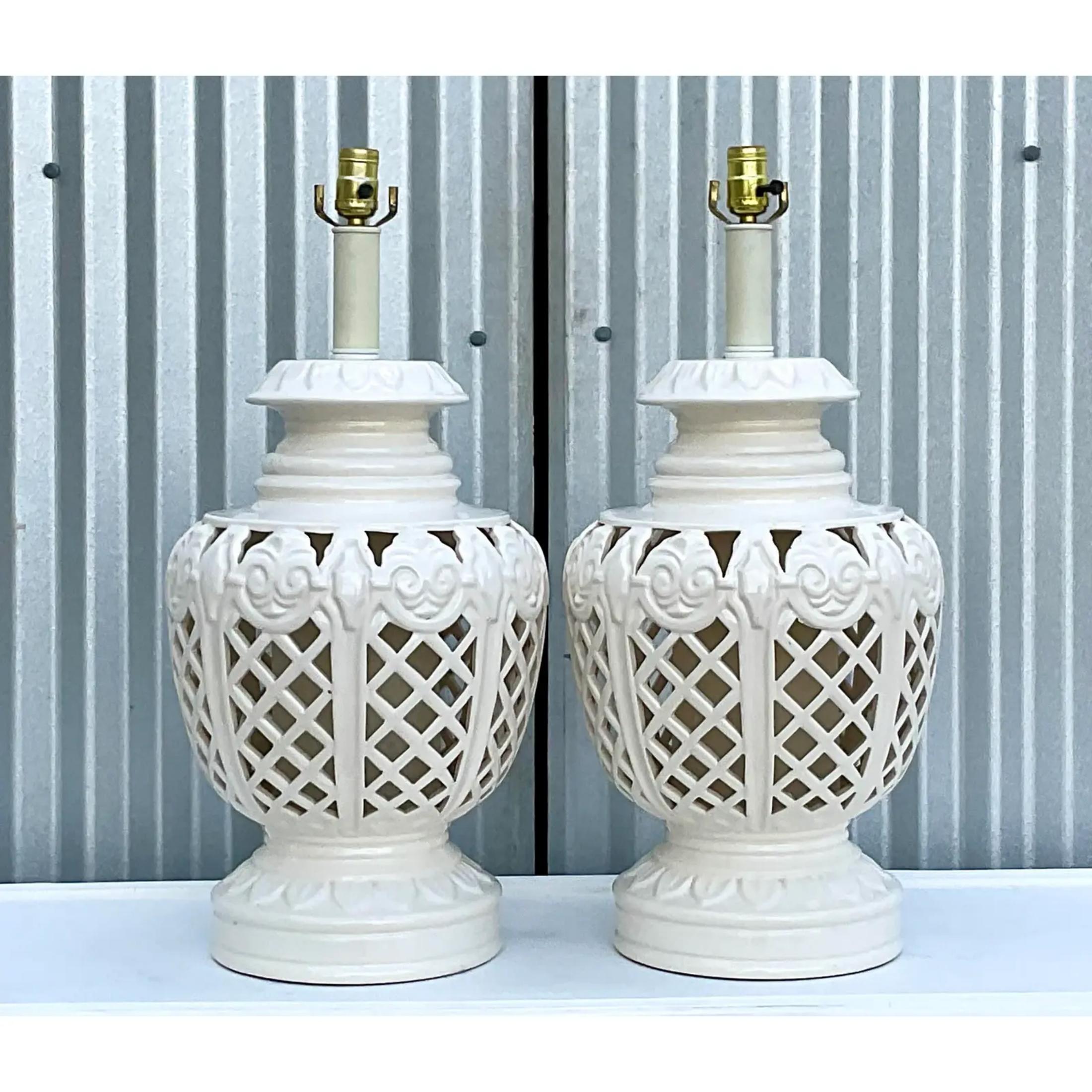 20th Century Vintage Regency White Glazed Ceramics Lamps - a Pair For Sale