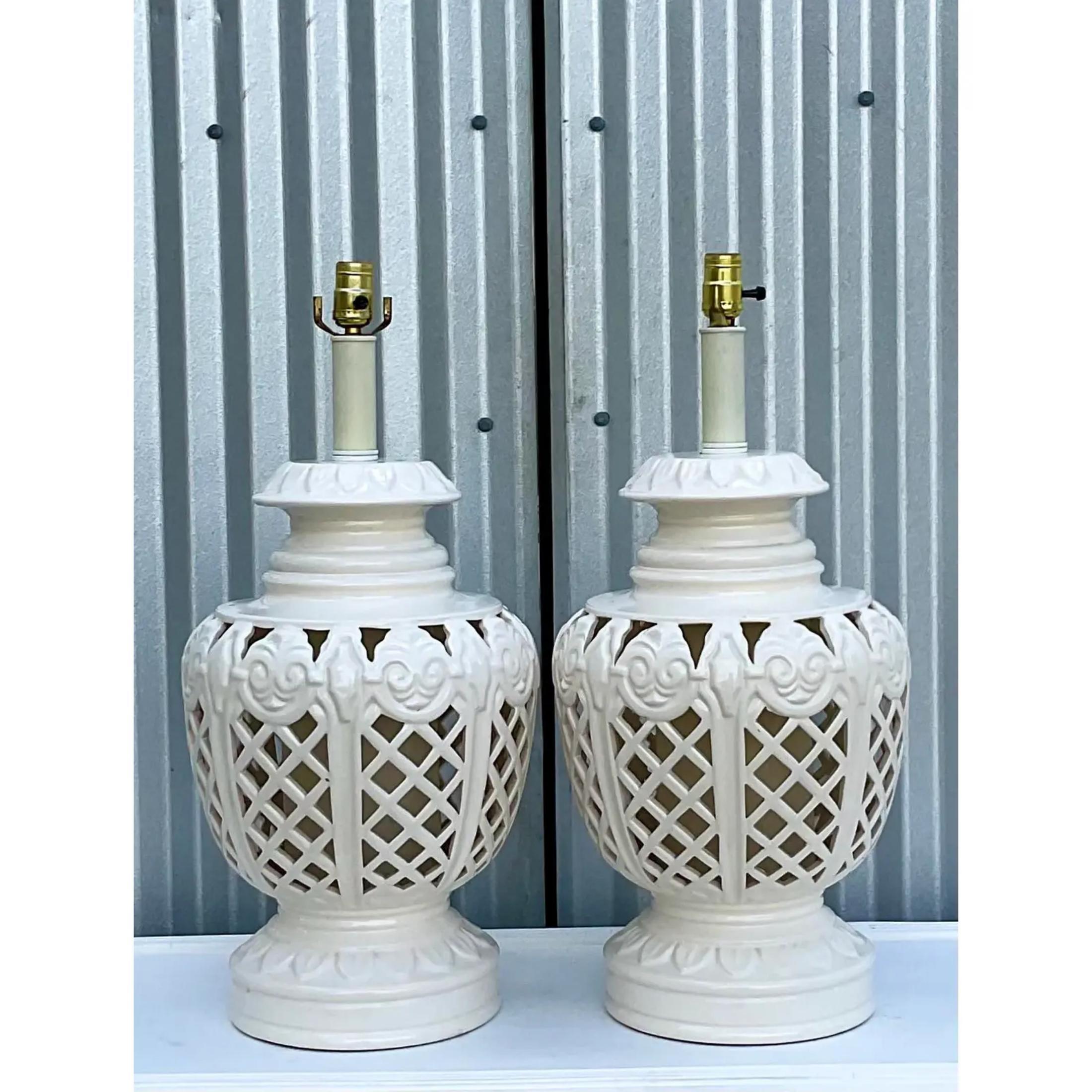 Vintage Regency White Glazed Ceramics Lamps - a Pair For Sale 1