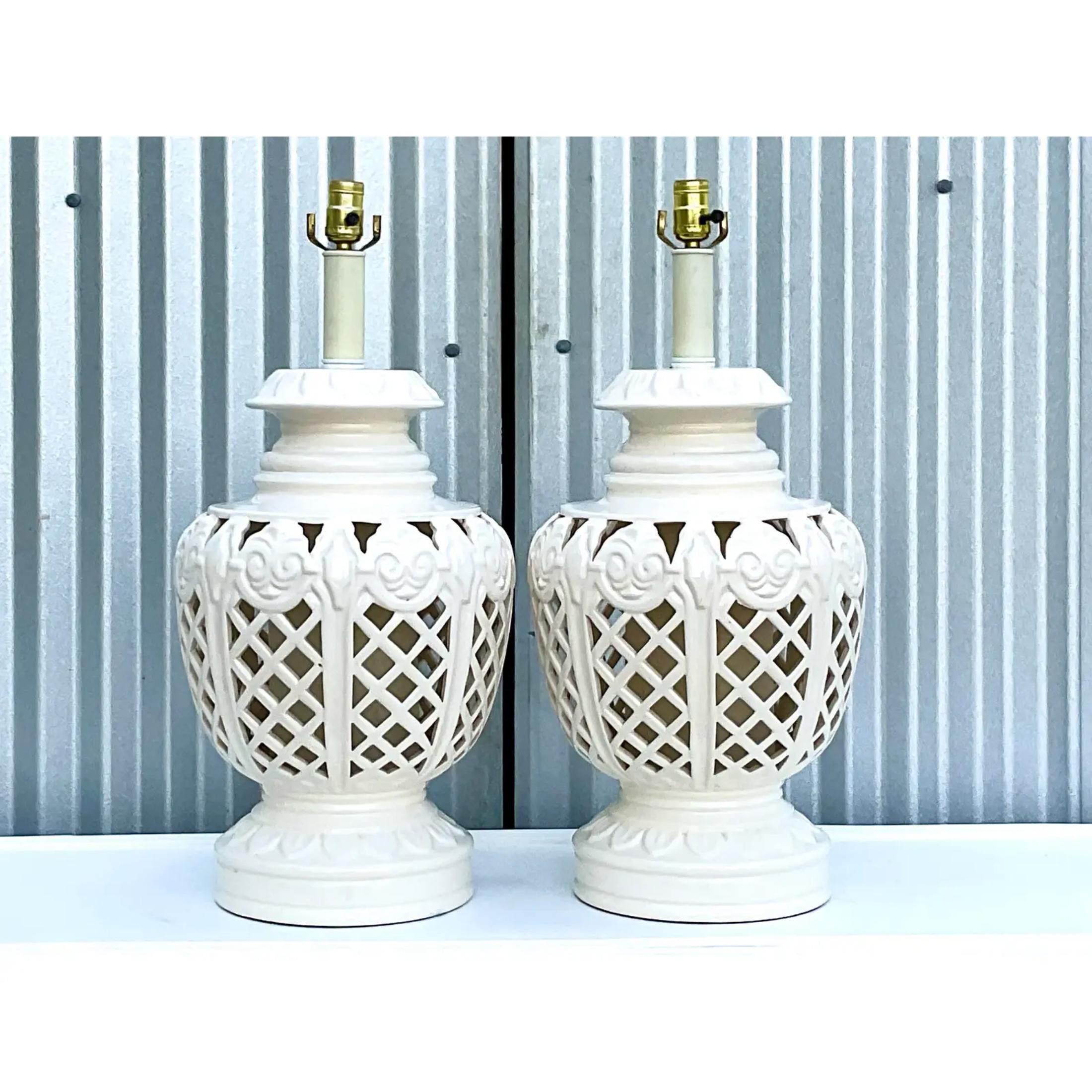 Vintage Regency White Glazed Ceramics Lamps - a Pair For Sale 2