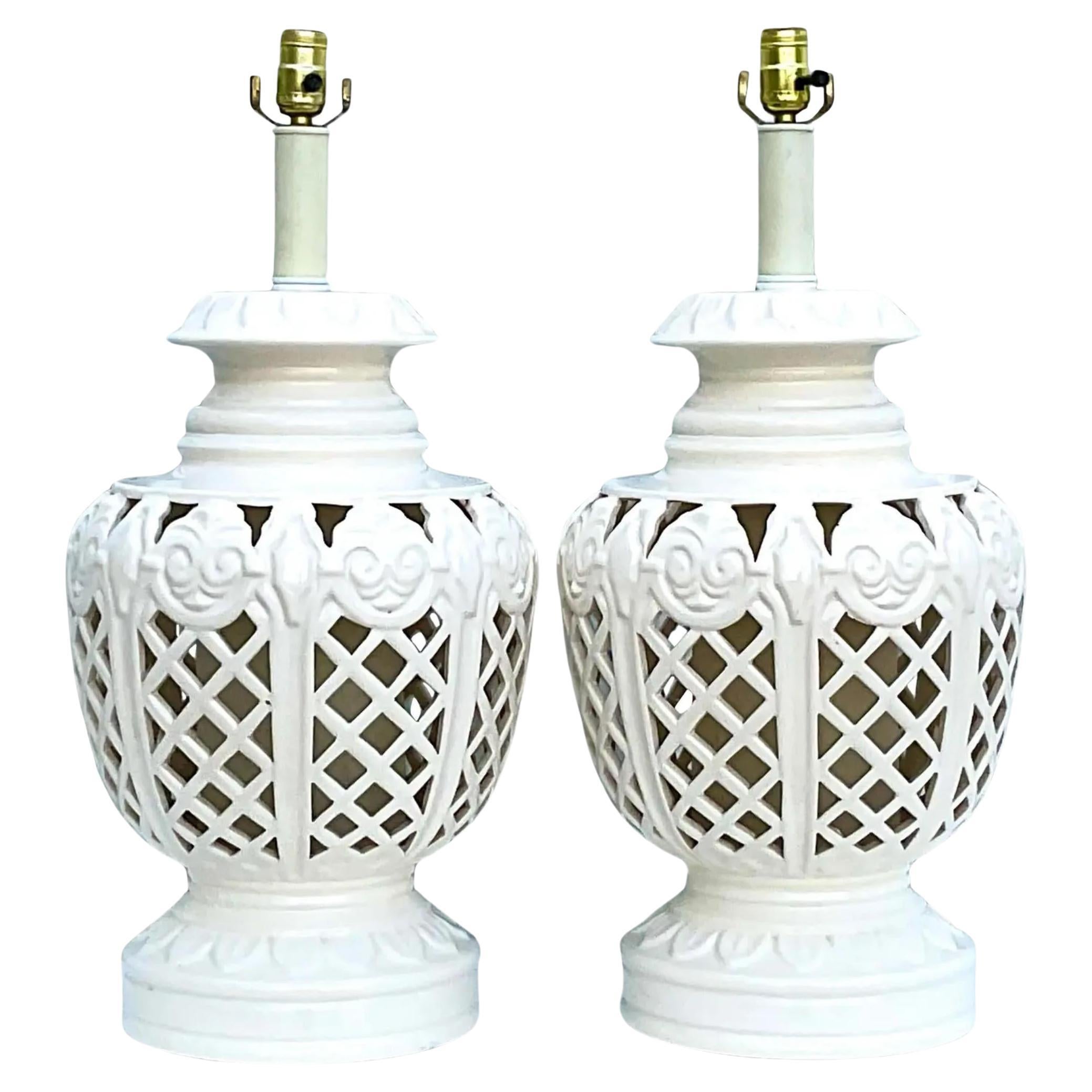 Vintage Regency White Glazed Ceramics Lamps - a Pair For Sale