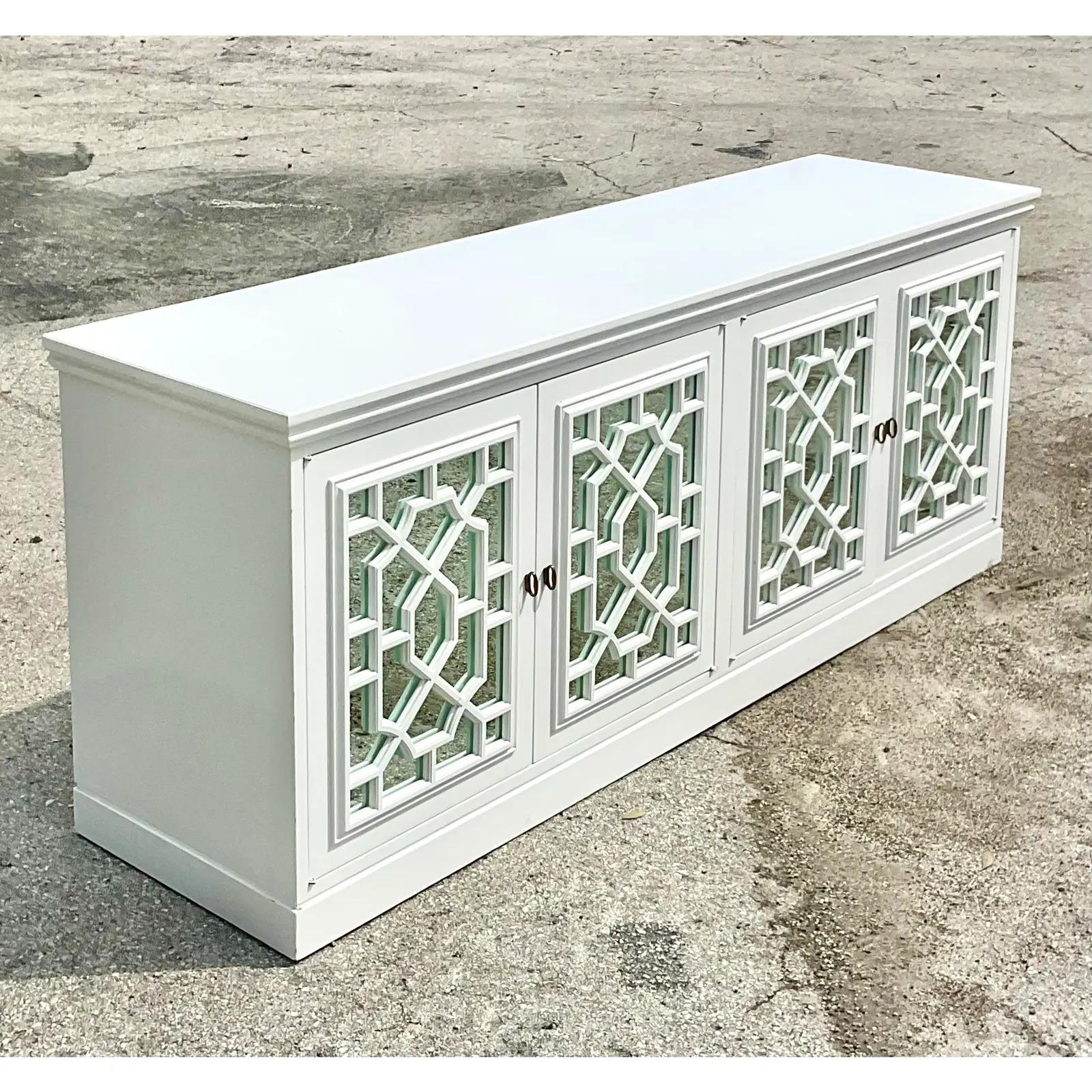 Vintage Regency White Lacquered Fretwork Mirrored Credenza 2