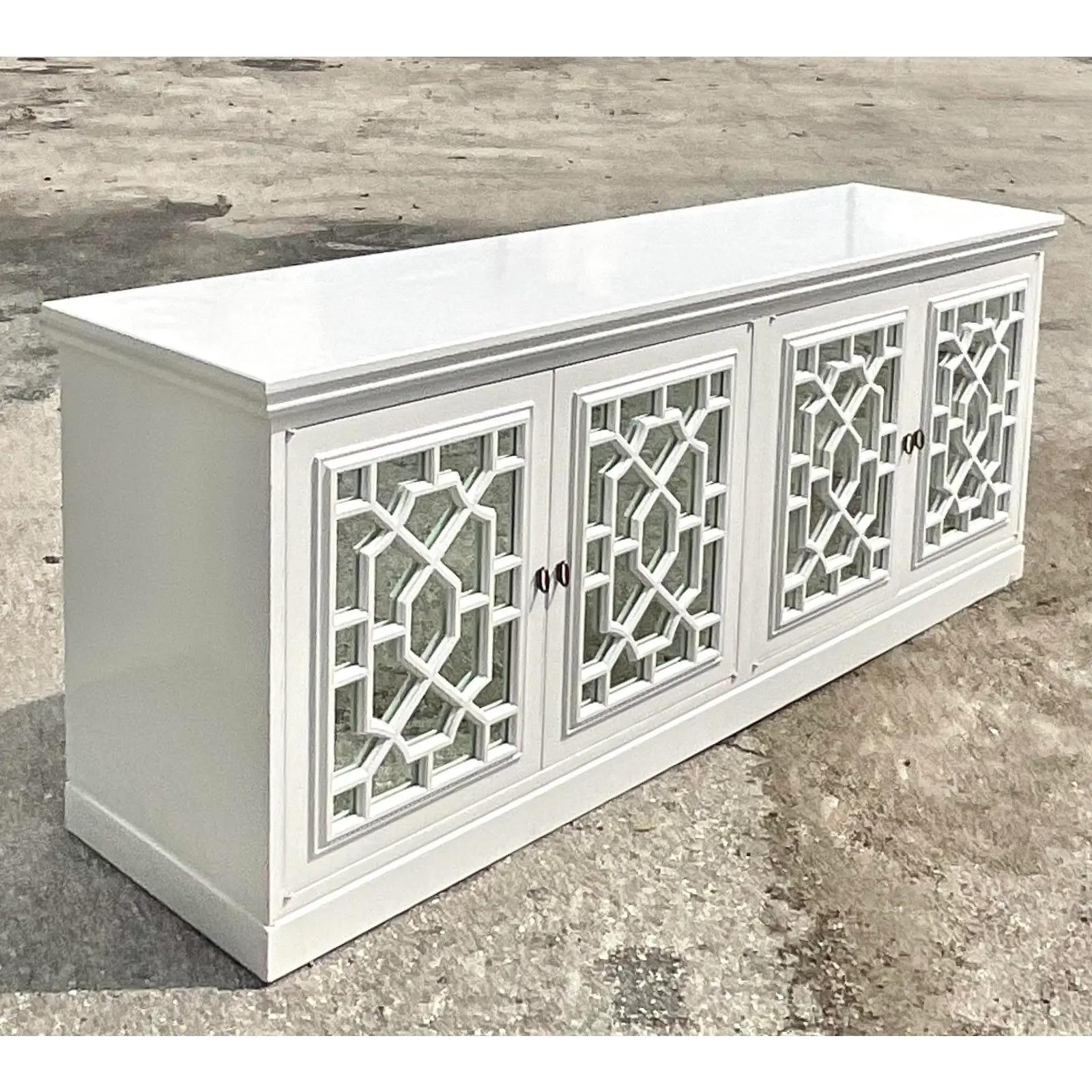 Vintage Regency White Lacquered Fretwork Mirrored Credenza 3