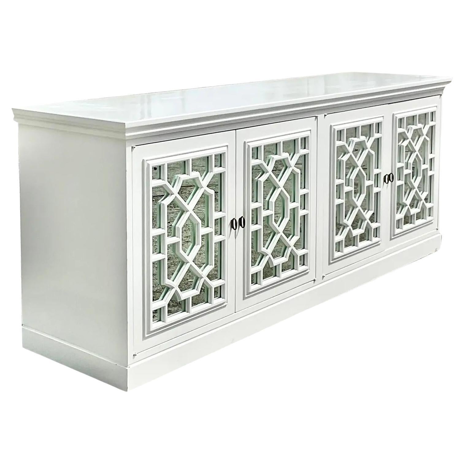 Vintage Regency White Lacquered Fretwork Mirrored Credenza