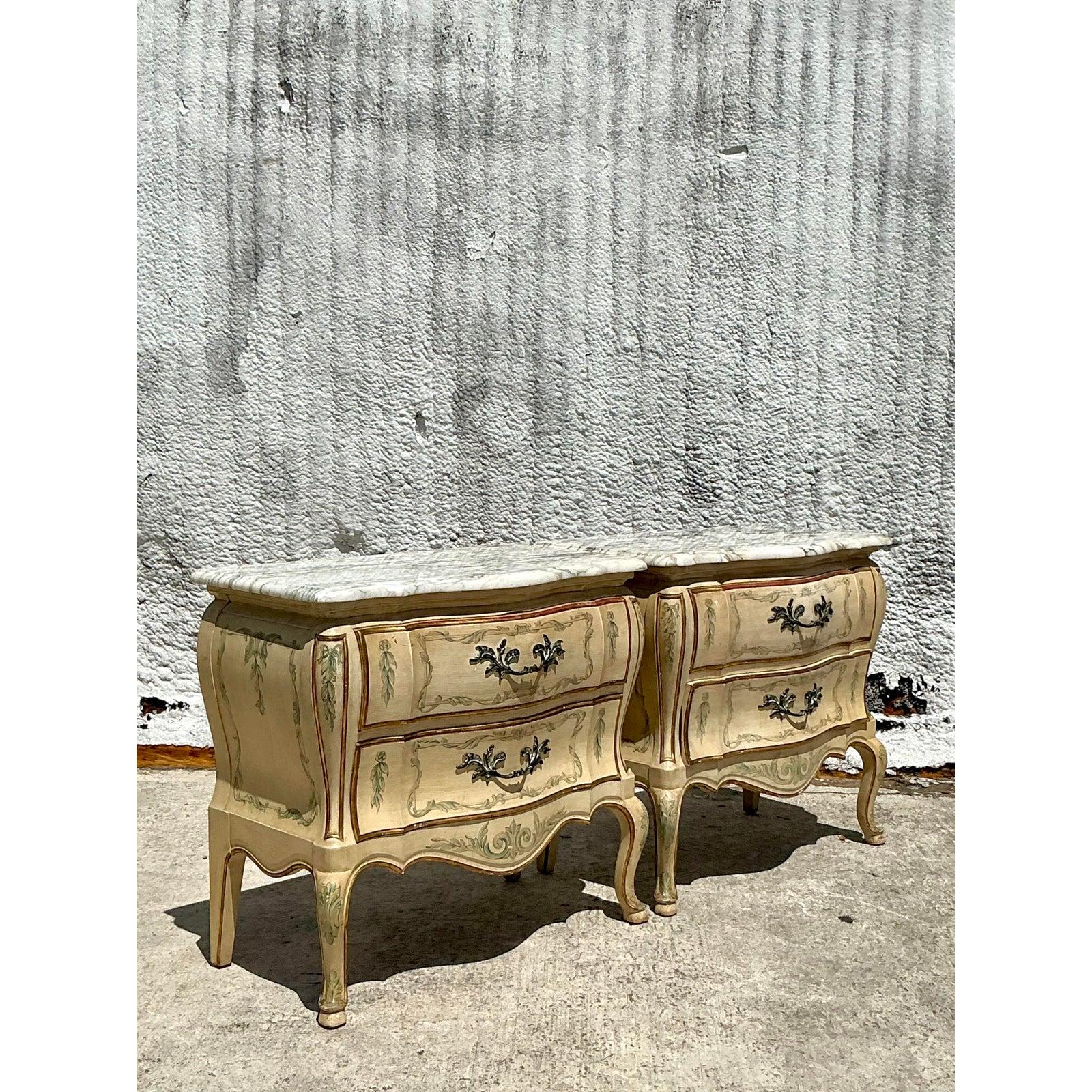 Elevate your bedroom or living space with this exquisite pair of Vintage Regency Widdicomb Marble Top Nightstands. Crafted by the renowned John Widdicomb, these nightstands embody the elegance and sophistication of Regency design, augmented by