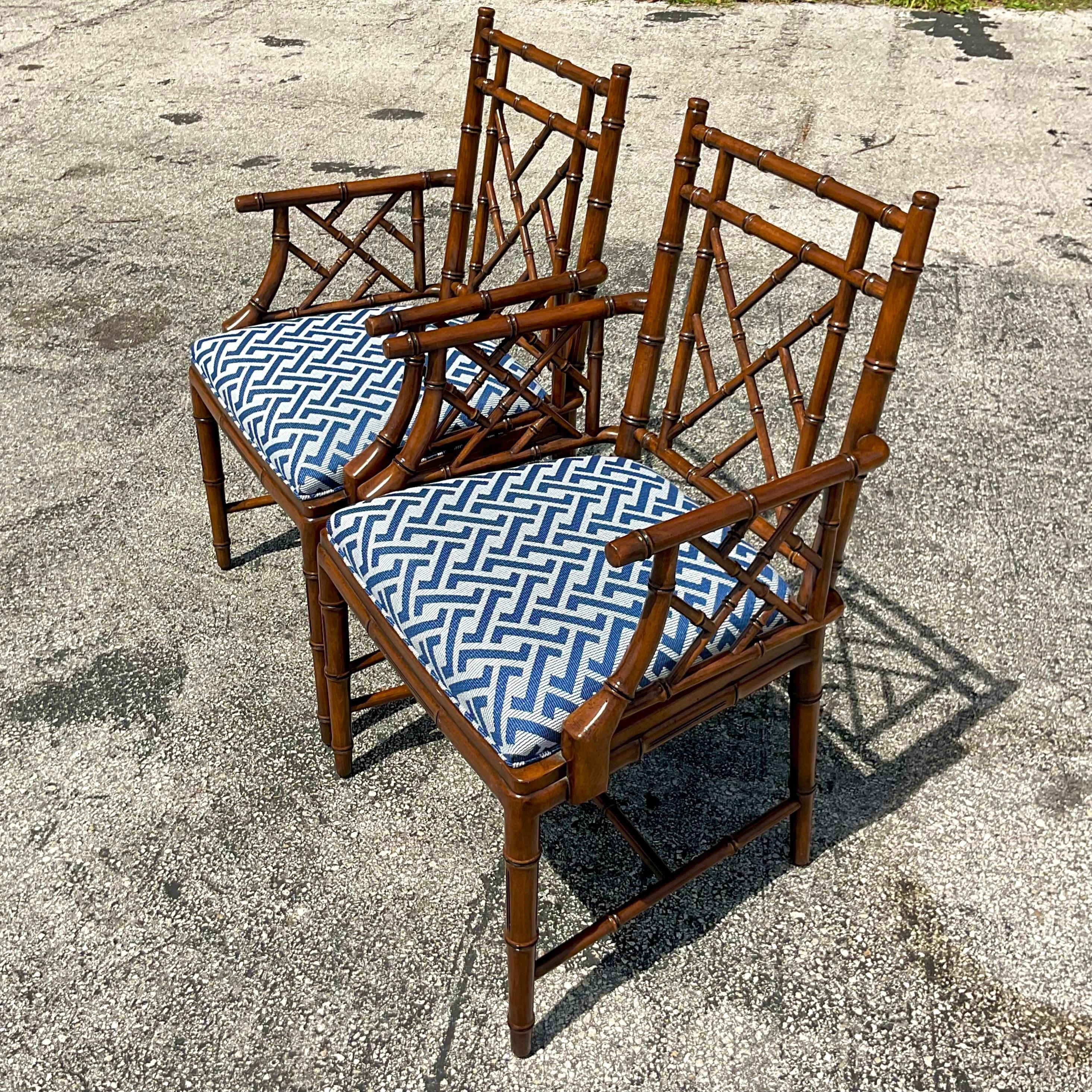 Vintage Regency William Switzer Chinese Chippendale Arm Chairs - a Pair In Good Condition In west palm beach, FL