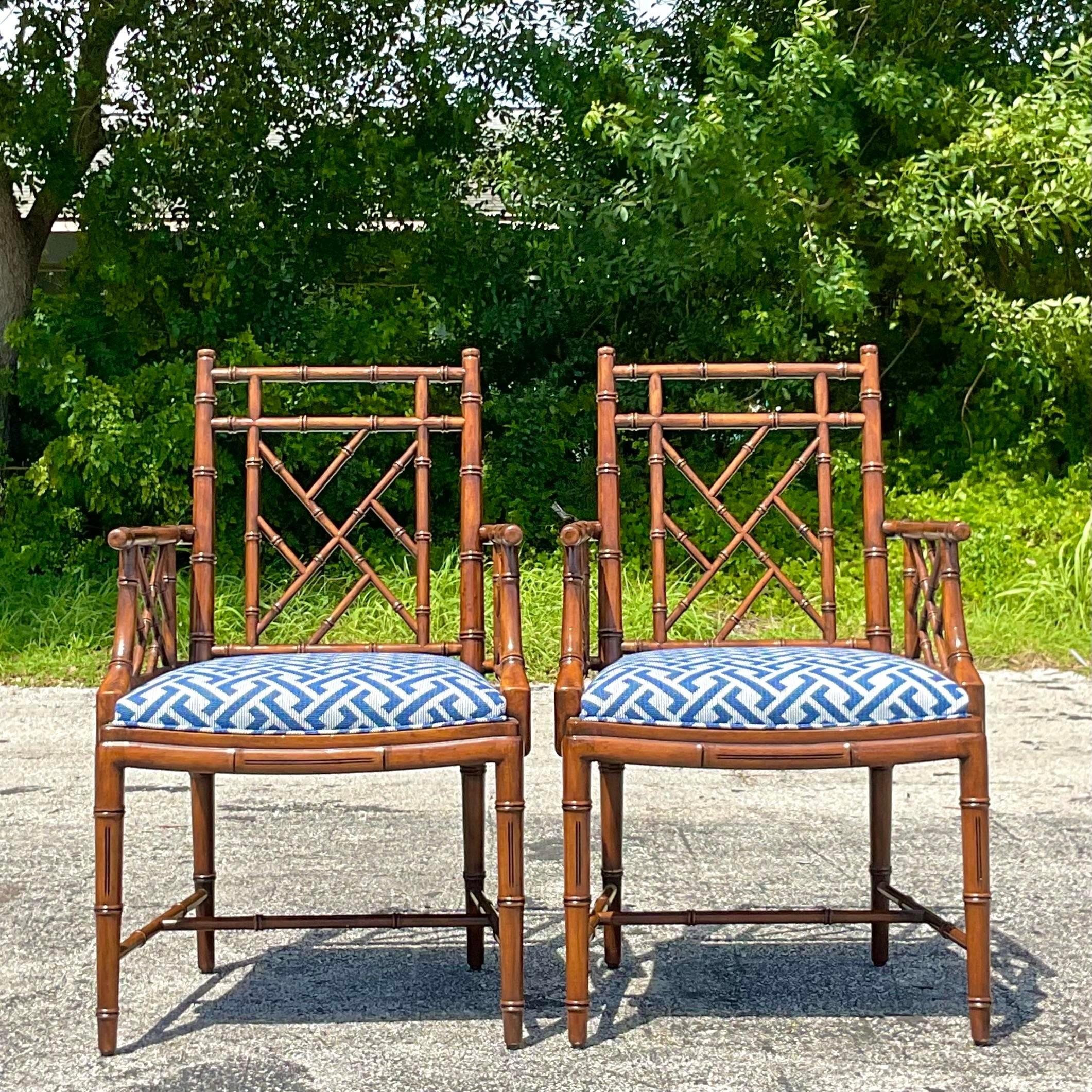 Upholstery Vintage Regency William Switzer Chinese Chippendale Arm Chairs - a Pair