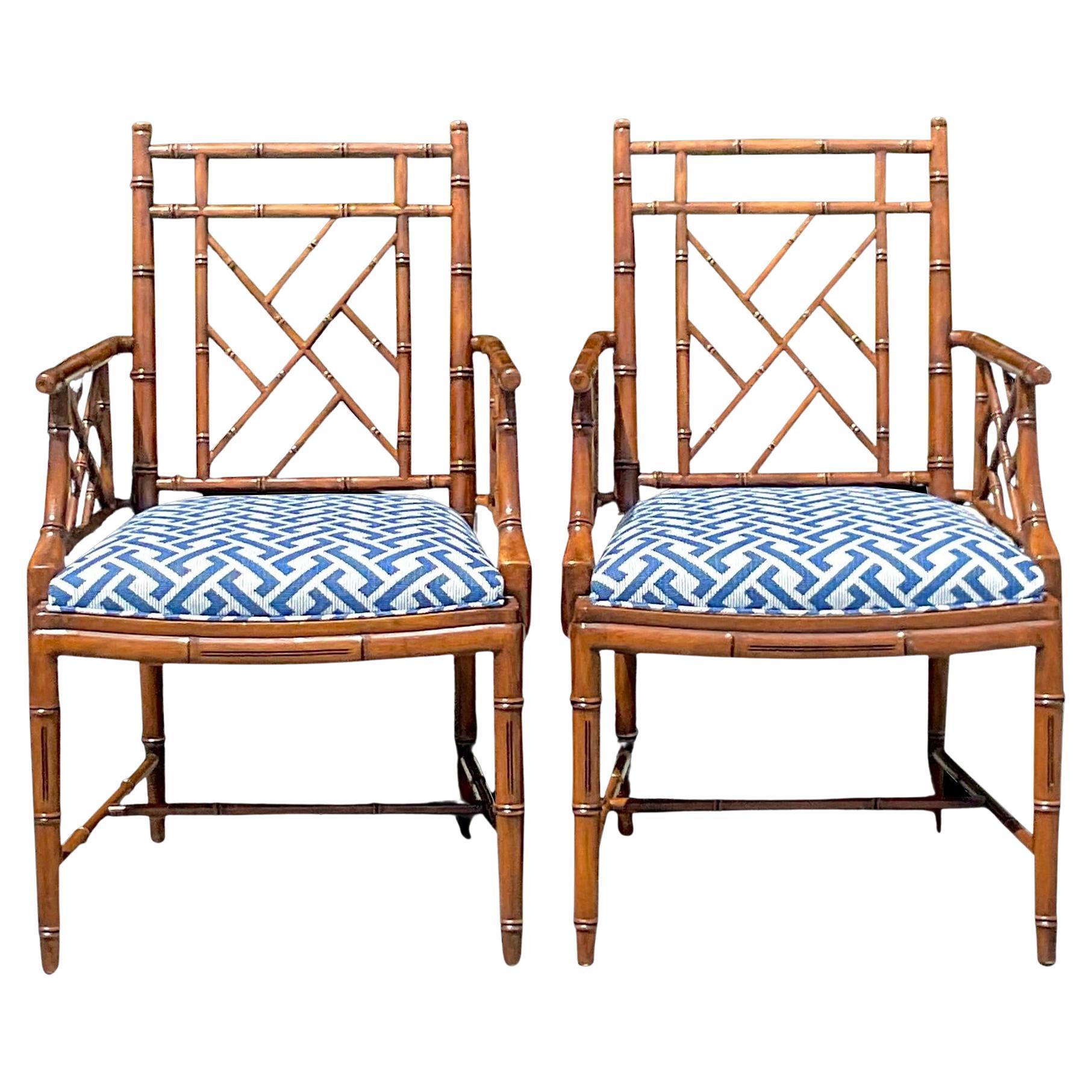 Vintage Regency William Switzer Chinese Chippendale Arm Chairs - a Pair