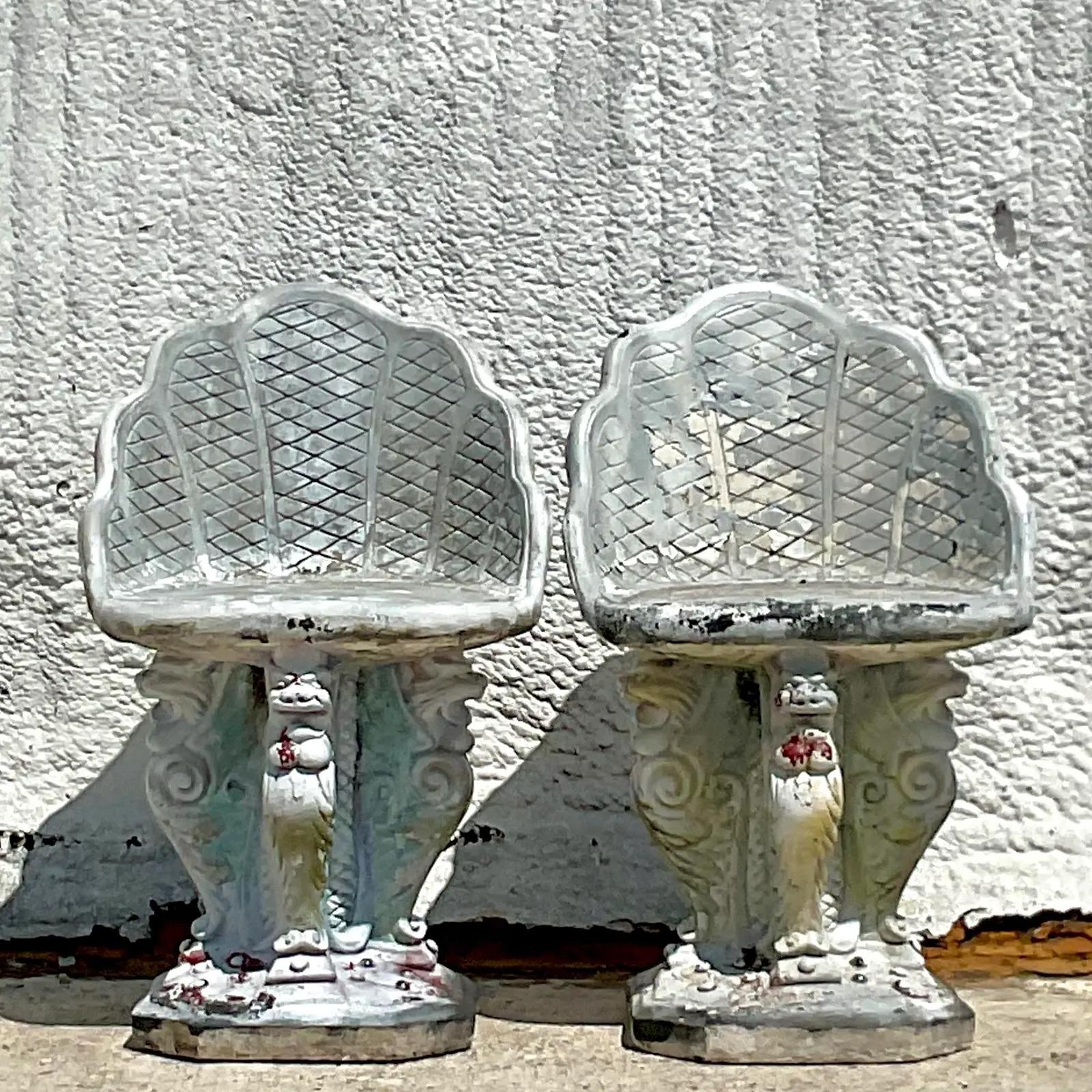 North American Vintage Regency Winged Griffin Concrete Grotto Chairs, a Pair